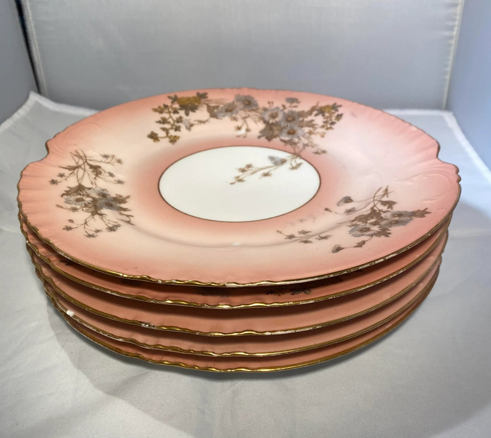 Early 20th Century Limoges France L. Sazerat Porcelain Pink Luncheon Plates With Blue Daisies - Set - 2