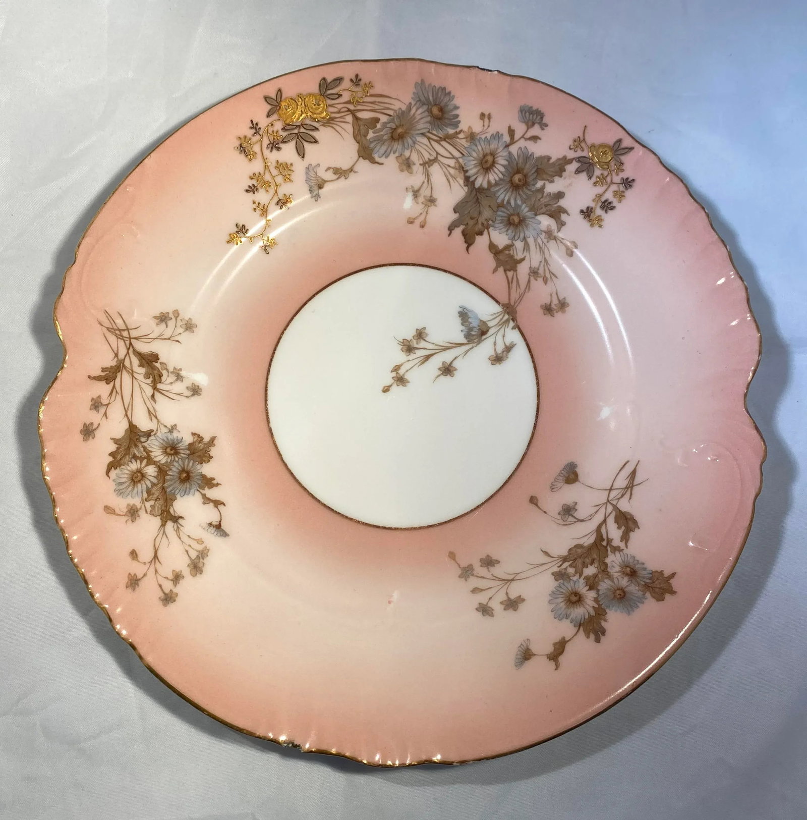 Early 20th Century Limoges France L. Sazerat Porcelain Pink Luncheon Plates With Blue Daisies - Set - 6