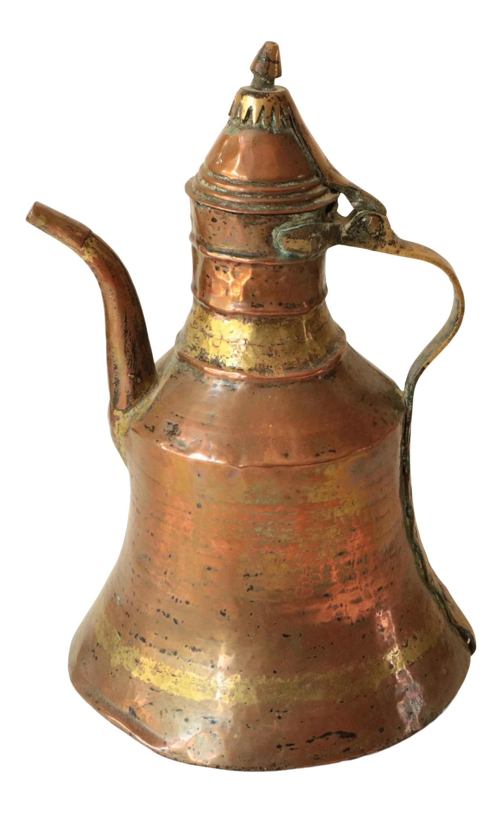 Antique Turkish Copper & Brass Kettle: This hand-hammered dallah, or coffee kettle, has timeworn character from its genuine patina of age & use. Condition: Alterations: Original Condition Unaltered Imperfections: Some Imperfections