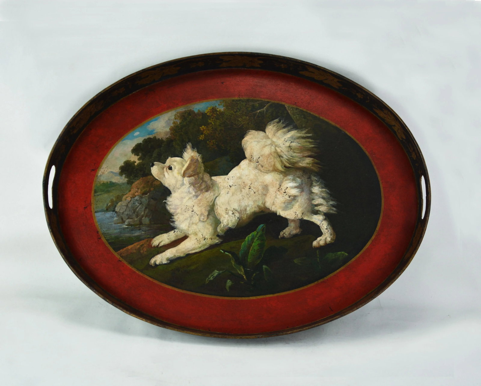 Vintage Oval Hand-Painted Dog Decoration Tray - 2