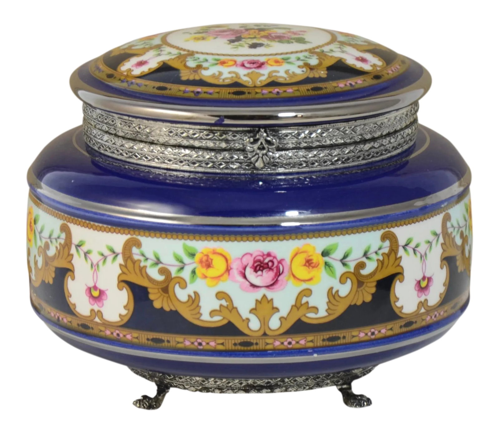 Cobalt Blue Round Italian Porcelain Box: Large cobalt blue round vintage Italian porcelain footed box with spring floral motif in raspberry, pink, yellow, green, bronze and silver. Marked "Capodimonte; Italy." Light wear. Condition: Alterati