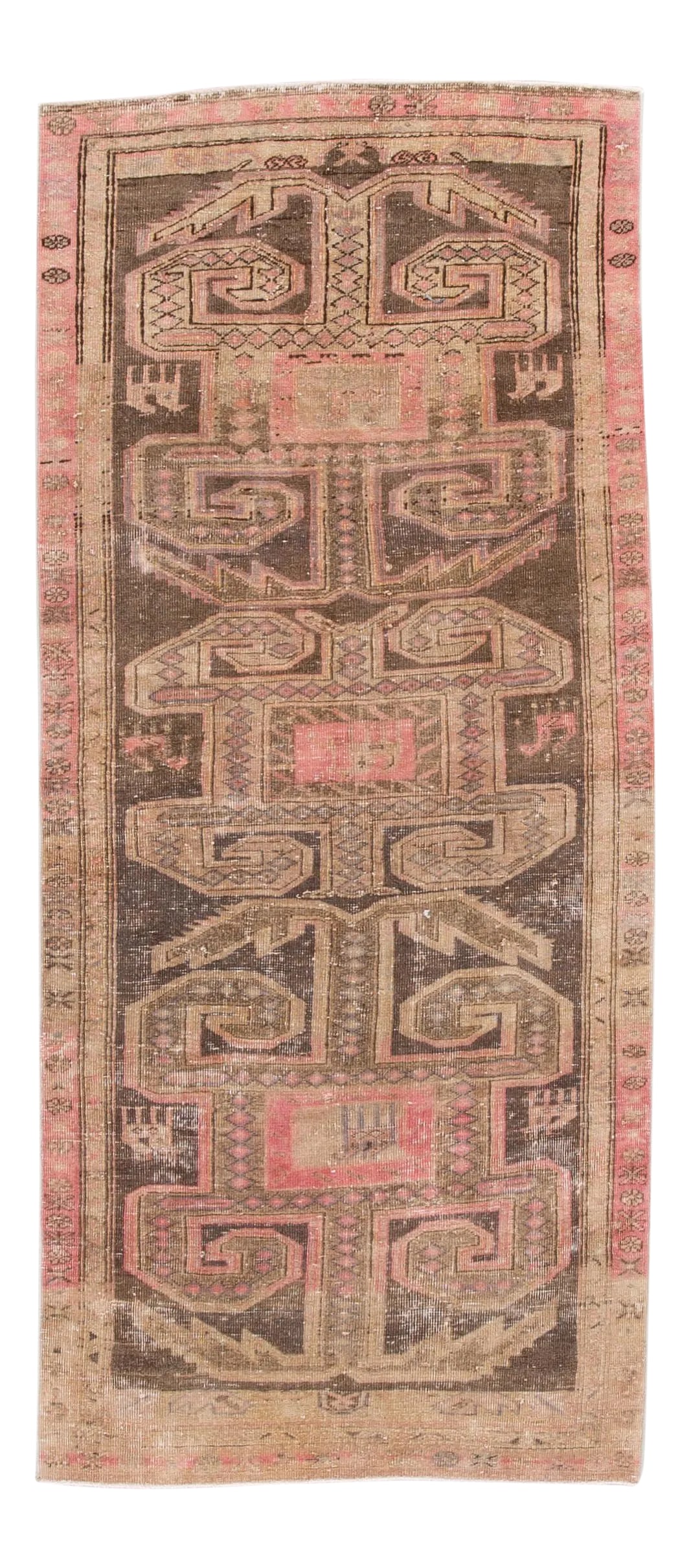 Pink Vintage Malyer Handmade Wool Runner: Beautiful Vintage Malayer hand-knotted wool runner with a beige and ivory field all-over a geometric Distressed design. This rug measures: 3'7" x 8'2" Condition: Alterations: Original Condition Unalte