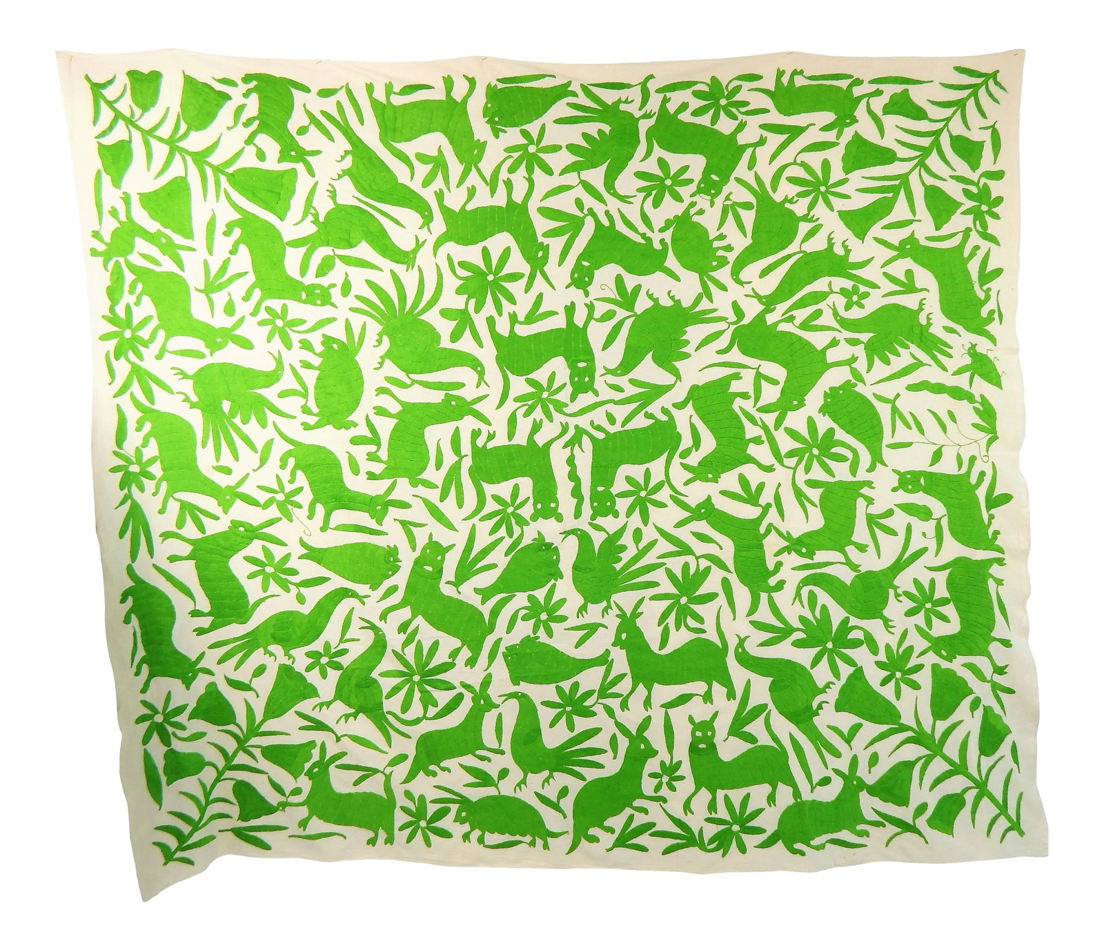 Wild Animals Green Embroidered Tapestry: Fabulous hand-embroidered tapestry of various wild animals amongst flowers and leaves in a random decorative pattern on cotton. Vibrant green embroidery. Excellent vintage condition. No stains or