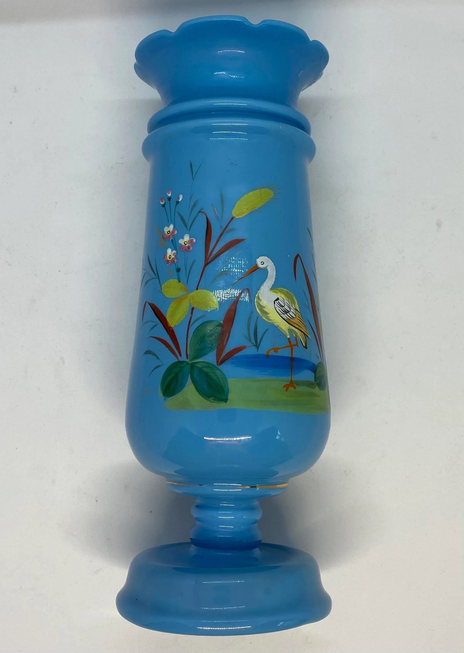 Late 19th Century Victorian Bristol Blue Glass Hand Painted and Enameled Vase - 6