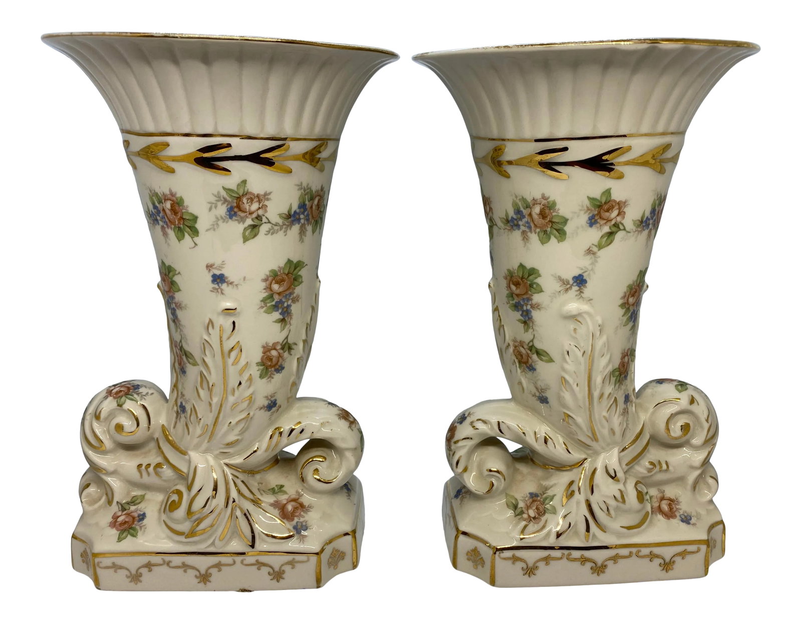1940's English Hand Decorated "Eaton China" Vases With Pink Roses & Blue Posies Design - a Pair: Vintage Pair of English Hand Decorated "Eton China" Horn of Plenty Vases with Gold Highlighted with Pink Roses & Blue Posies Design. Theses vases are hand decorated and are in excellent condition with