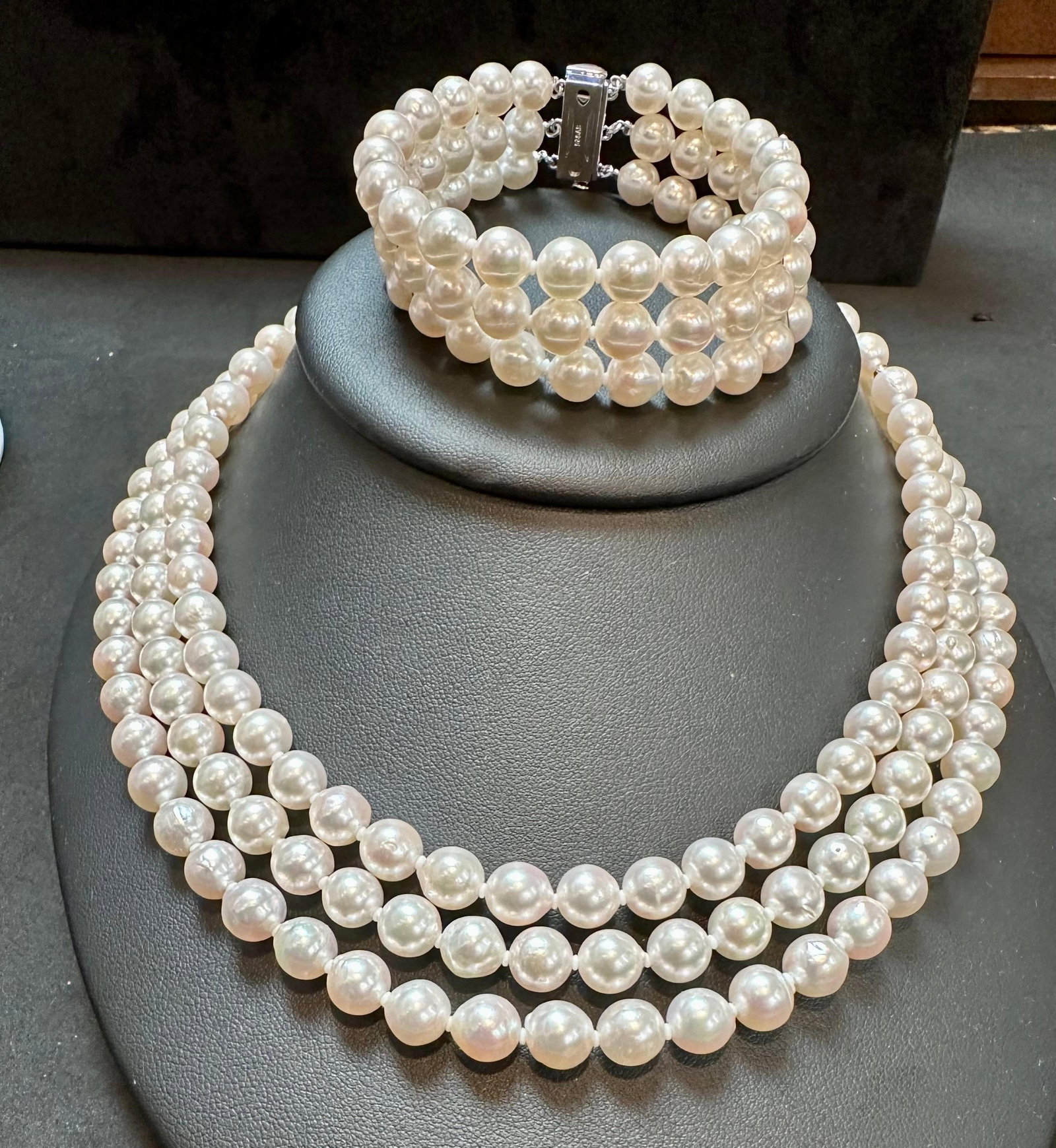 8mm Akoya Japanies Pearl Triple Strand Bracelet, Sterling Silver Clasp, 8 Inch - 10