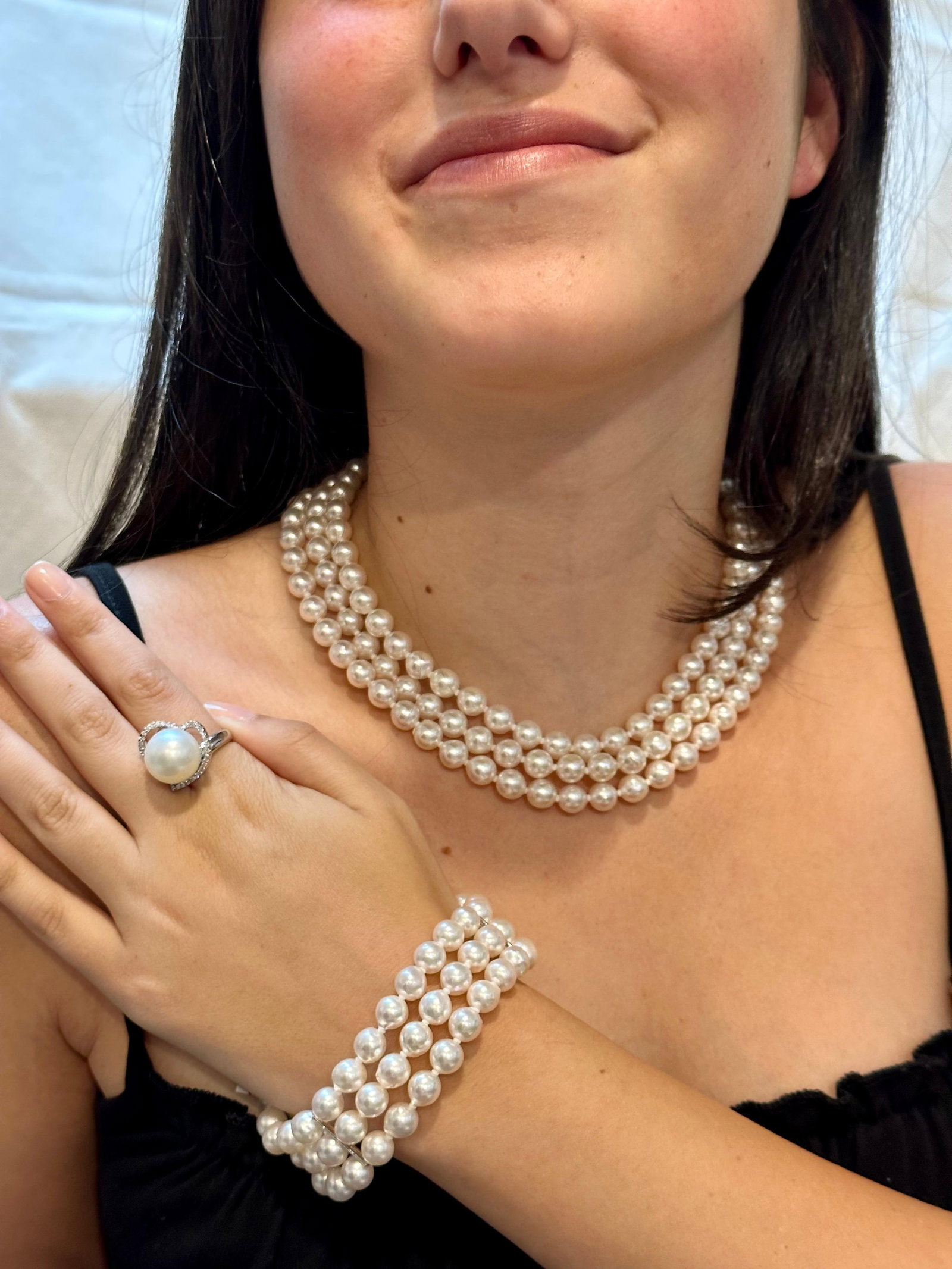 8mm Akoya Japanies Pearl Triple Strand Bracelet, Sterling Silver Clasp, 8 Inch - 12