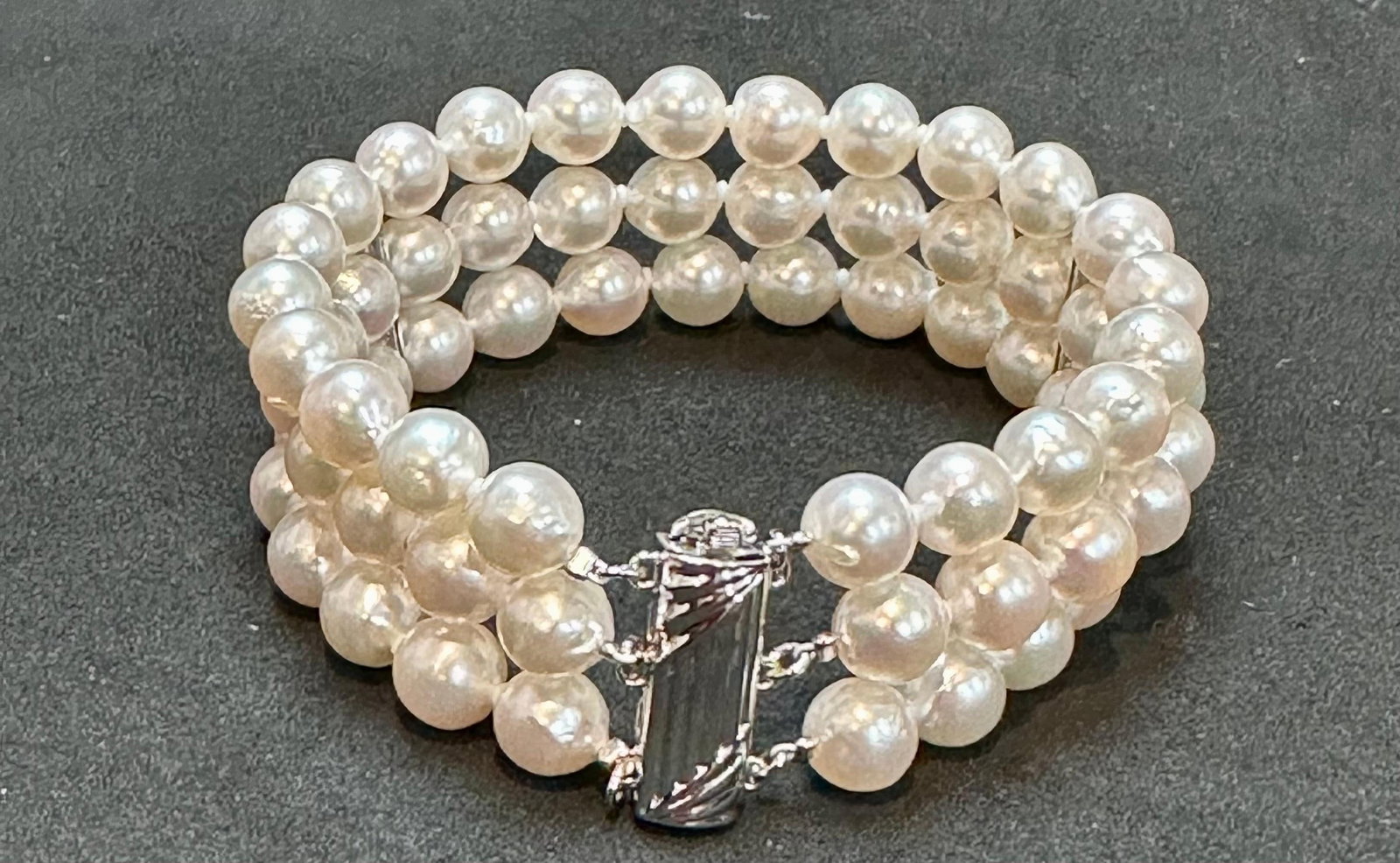 8mm Akoya Japanies Pearl Triple Strand Bracelet, Sterling Silver Clasp, 8 Inch - 3