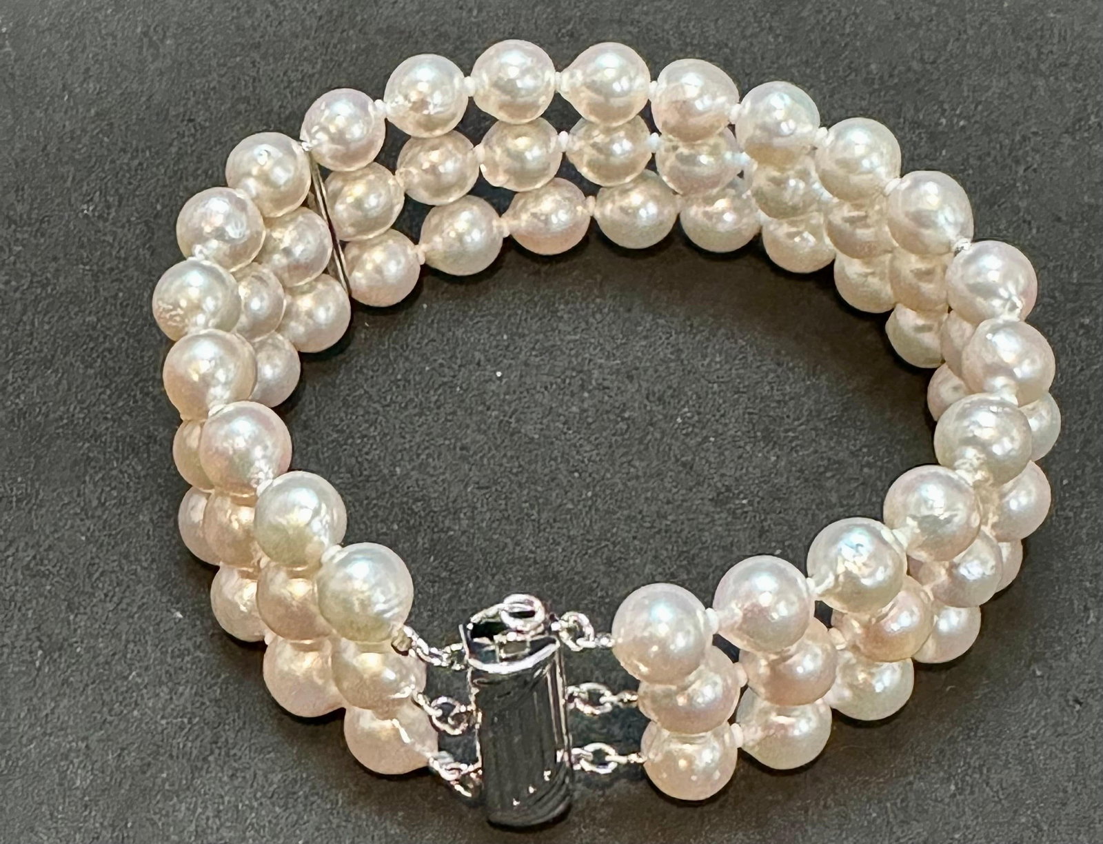 8mm Akoya Japanies Pearl Triple Strand Bracelet, Sterling Silver Clasp, 8 Inch - 8