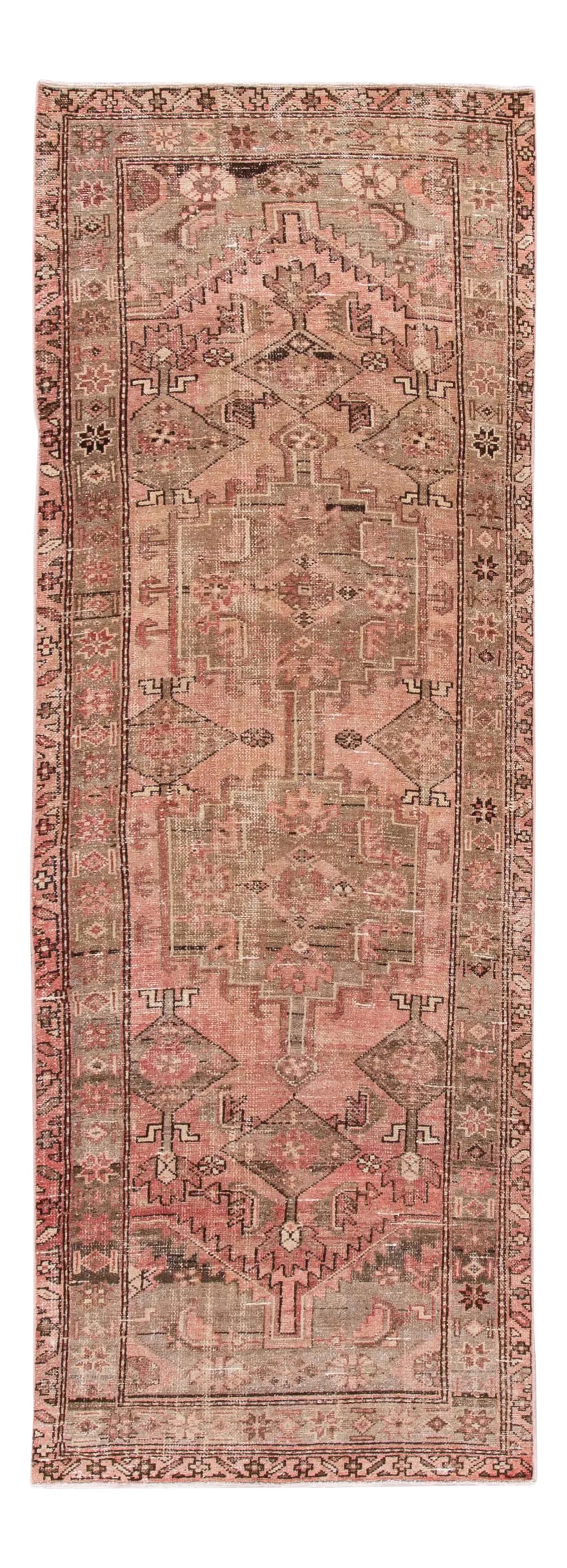Rose Vintage Persian Handmade Wool Runner: Beautiful Vintage Persian hand-knotted wool runner with a rose field. This rug has accents of red, beige, and brown all-over a geometric Distressed design. This rug measures: 3'5" x 9'7" Condition: