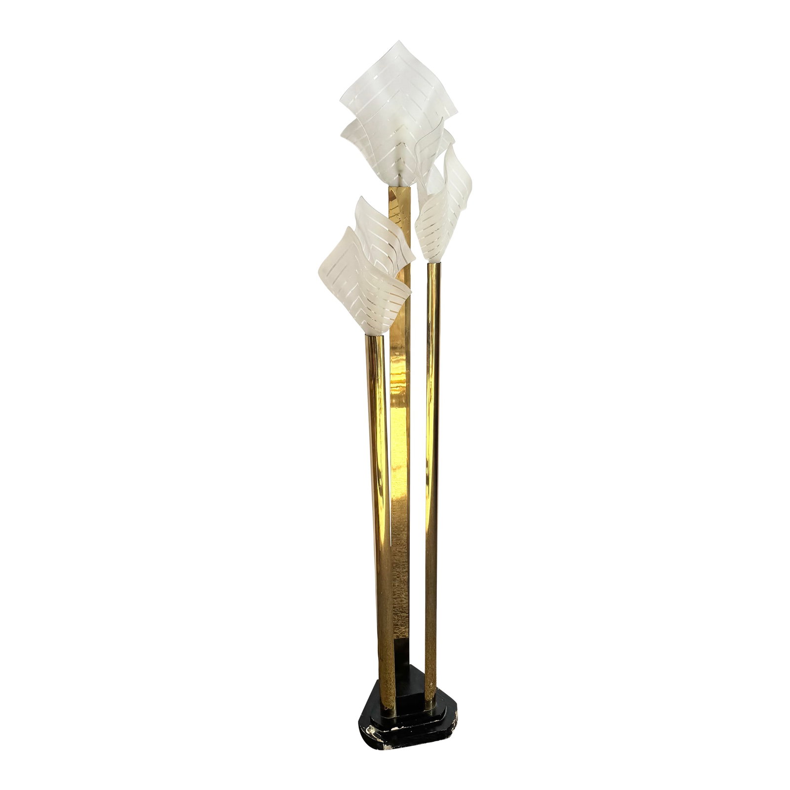 Art Deco Sculptural Acrylic and Brass Torchiere Floor Lamp With Calla Lily-Inspired Shades: An elegant Art Deco torchiere floor lamp featuring sculptural frosted acrylic shades inspired by calla lily forms. The composition rises from polished brass columns, creating a dynamic vertical