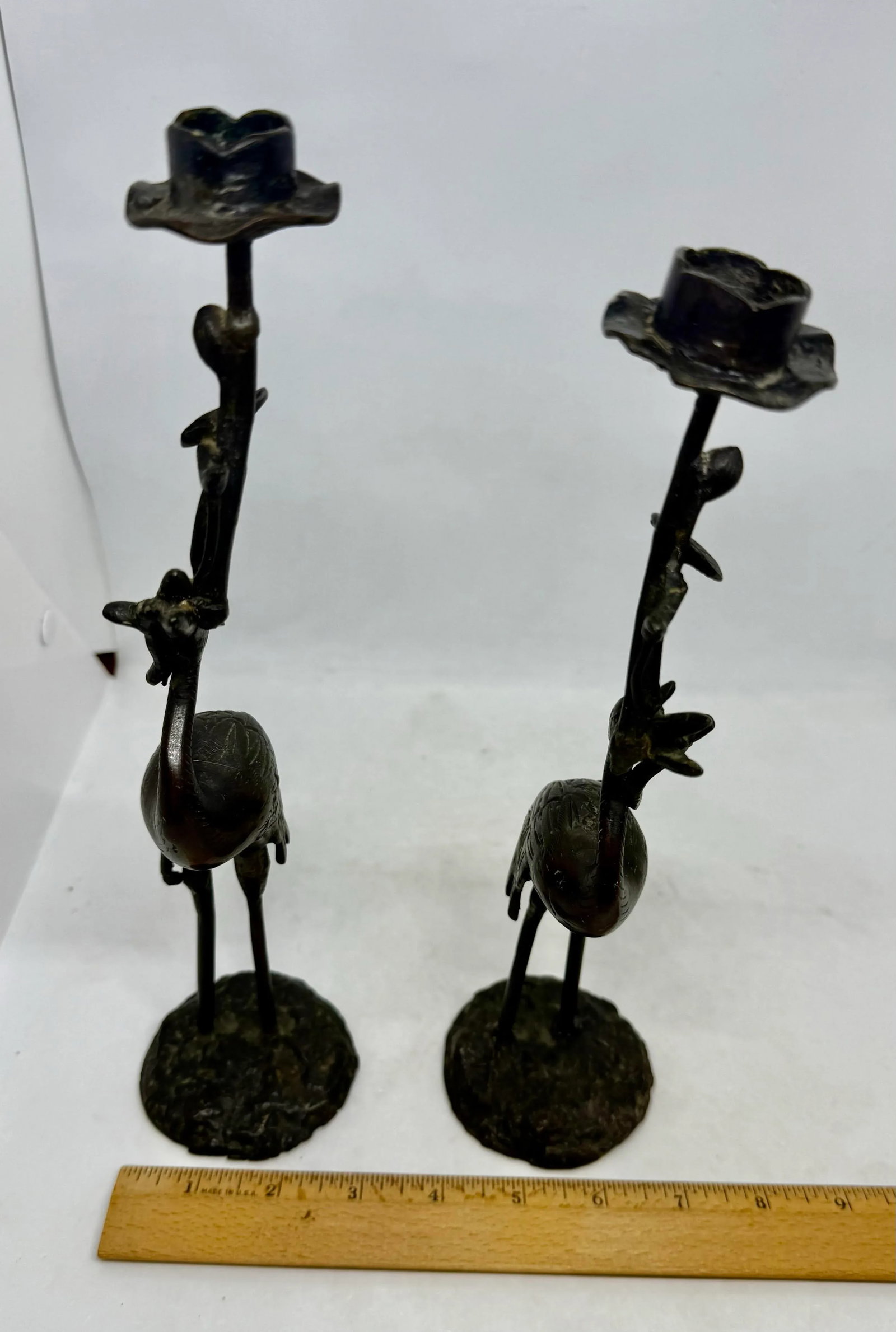 Early 20th Century Japanese Meiji Bronze Candlesticks Antique Metal Crane Birds Lotus Flowers - A Pa - 10