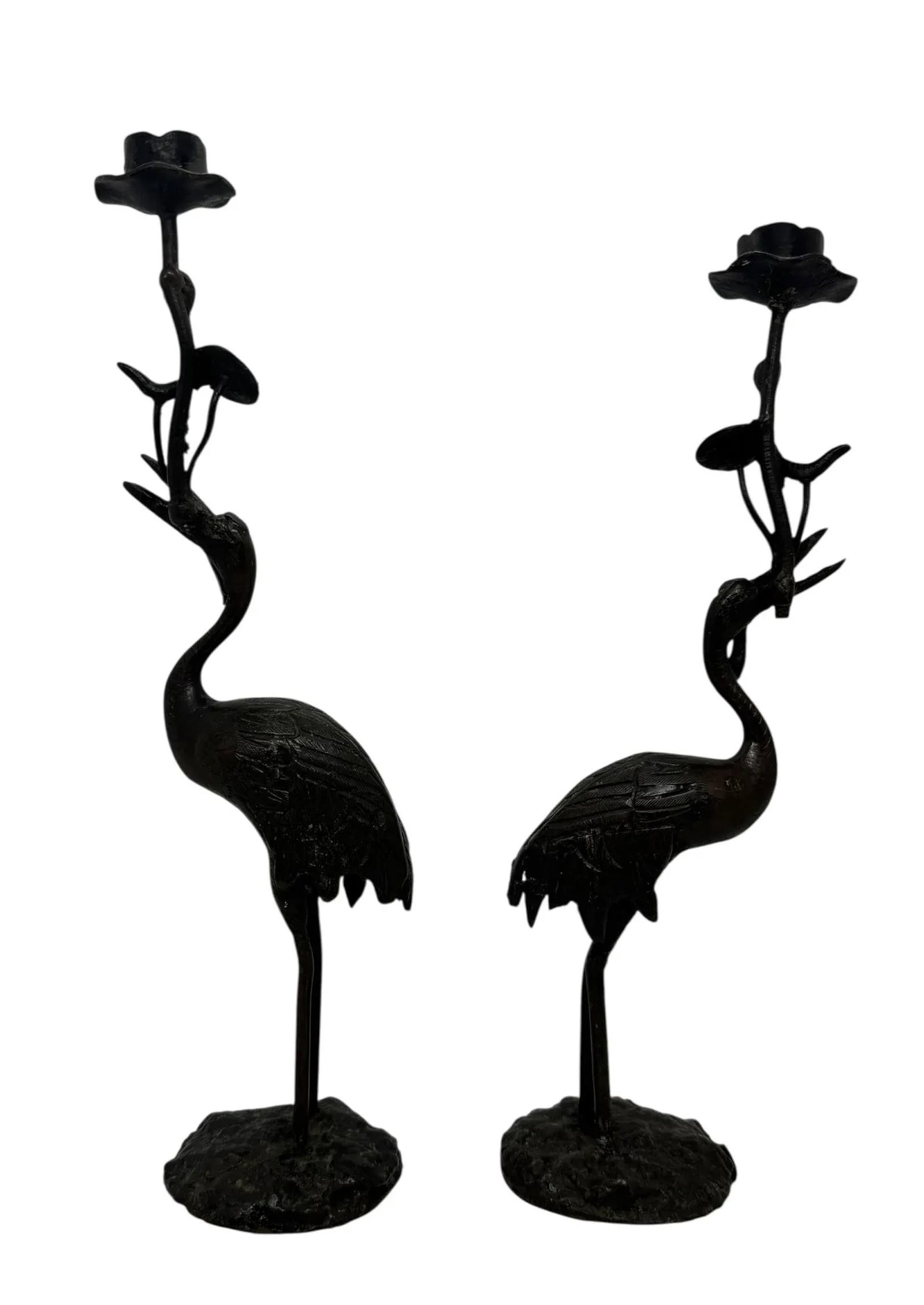 Early 20th Century Japanese Meiji Bronze Candlesticks Antique Metal Crane Birds Lotus Flowers - A Pa - 11