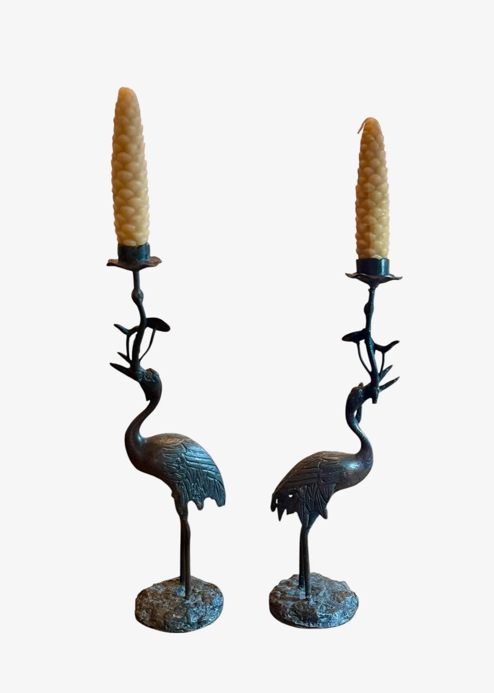 Early 20th Century Japanese Meiji Bronze Candlesticks Antique Metal Crane Birds Lotus Flowers - A Pa - 12