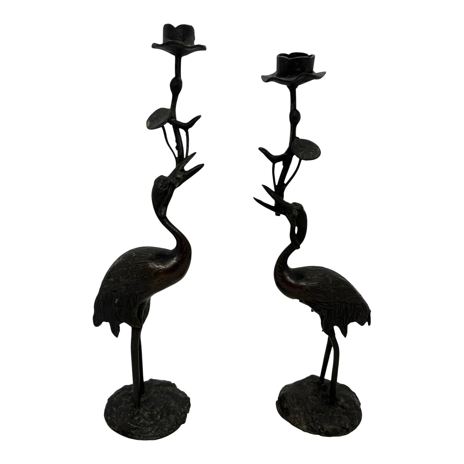 Early 20th Century Japanese Meiji Bronze Candlesticks Antique Metal Crane Birds Lotus Flowers - A Pa (1 of 12)
