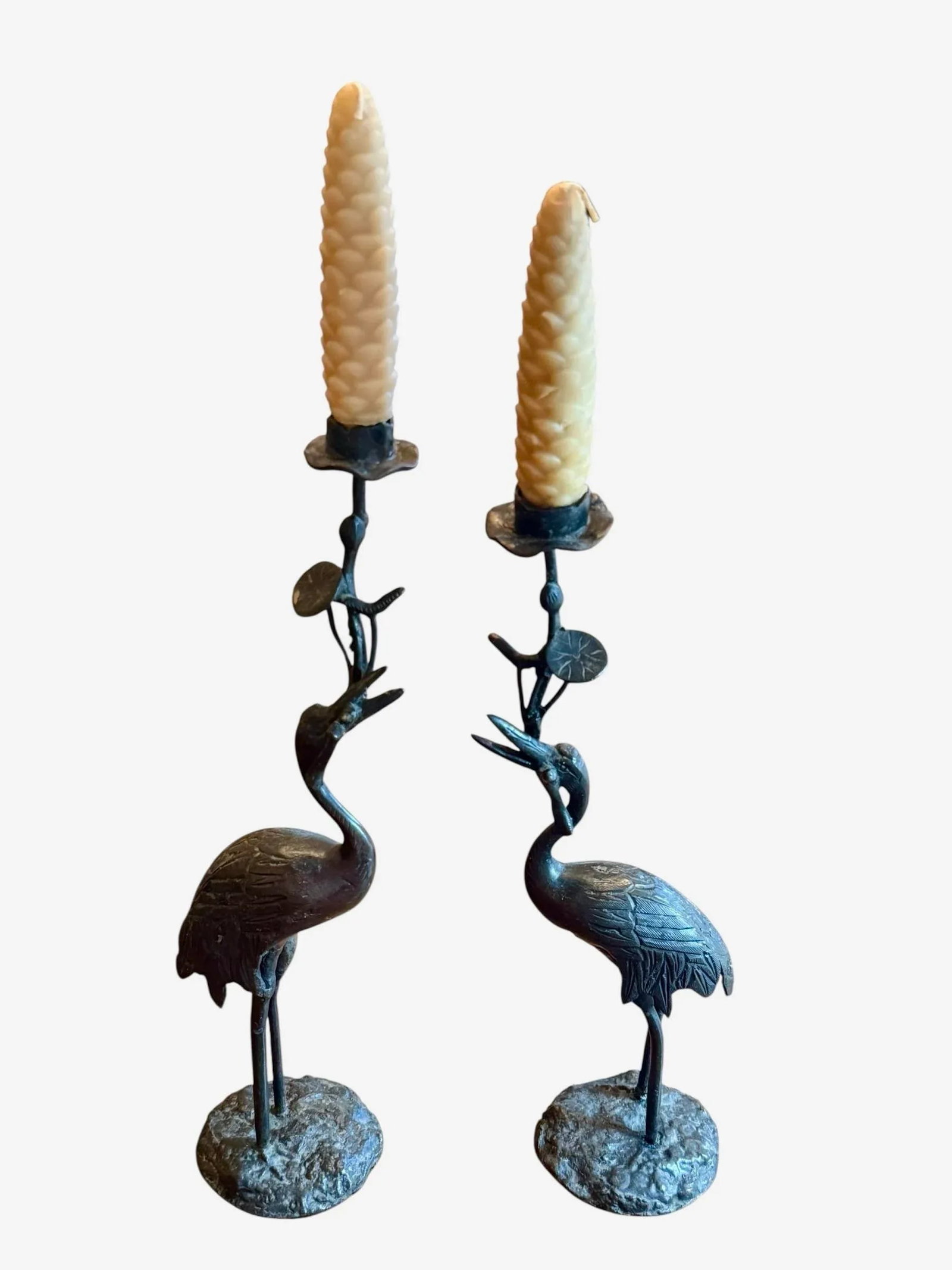 Early 20th Century Japanese Meiji Bronze Candlesticks Antique Metal Crane Birds Lotus Flowers - A Pa - 2