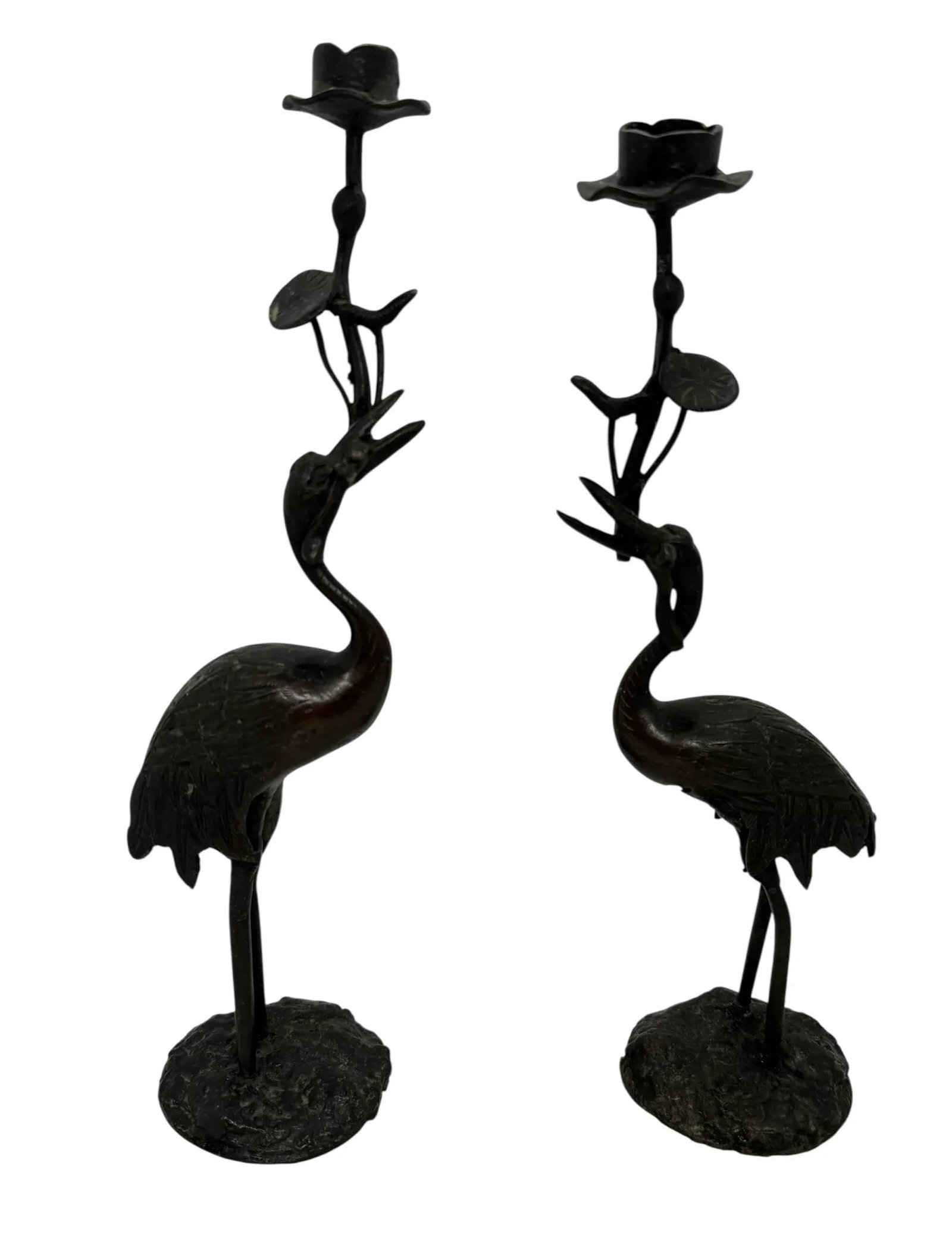 Early 20th Century Japanese Meiji Bronze Candlesticks Antique Metal Crane Birds Lotus Flowers - A Pa - 3