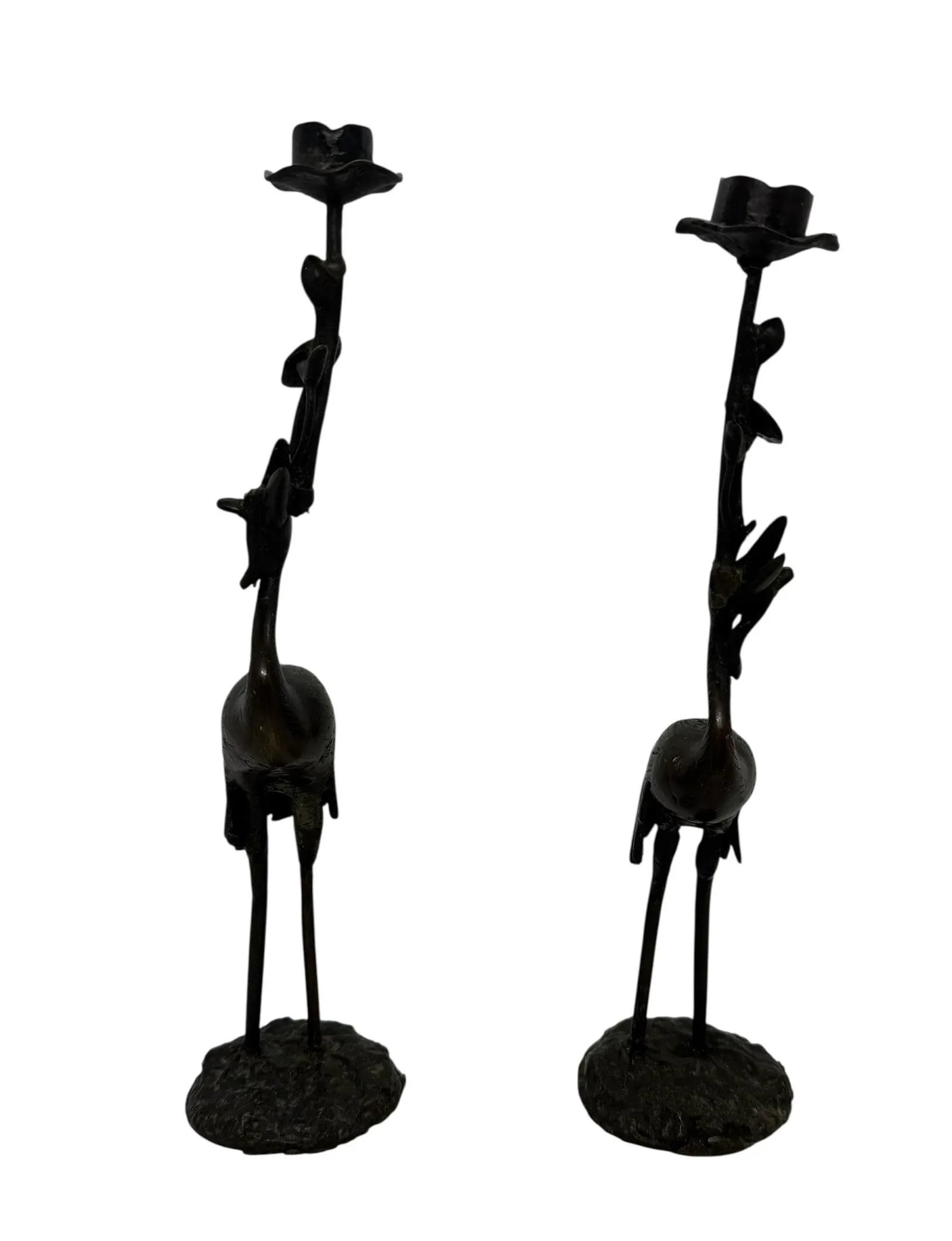 Early 20th Century Japanese Meiji Bronze Candlesticks Antique Metal Crane Birds Lotus Flowers - A Pa - 4