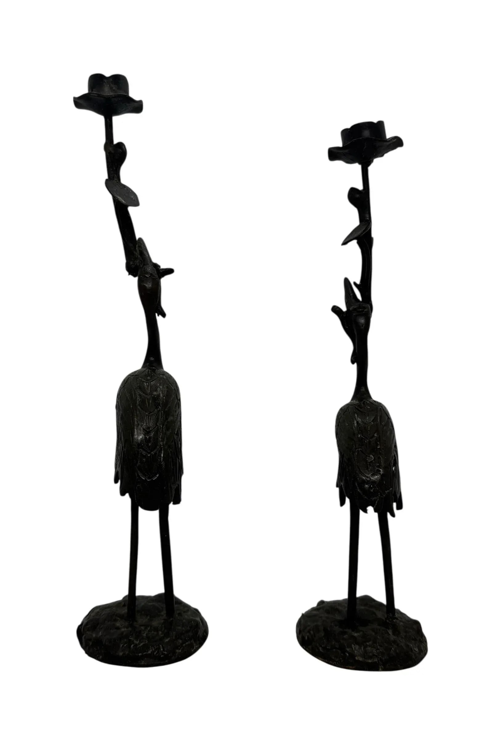 Early 20th Century Japanese Meiji Bronze Candlesticks Antique Metal Crane Birds Lotus Flowers - A Pa - 6