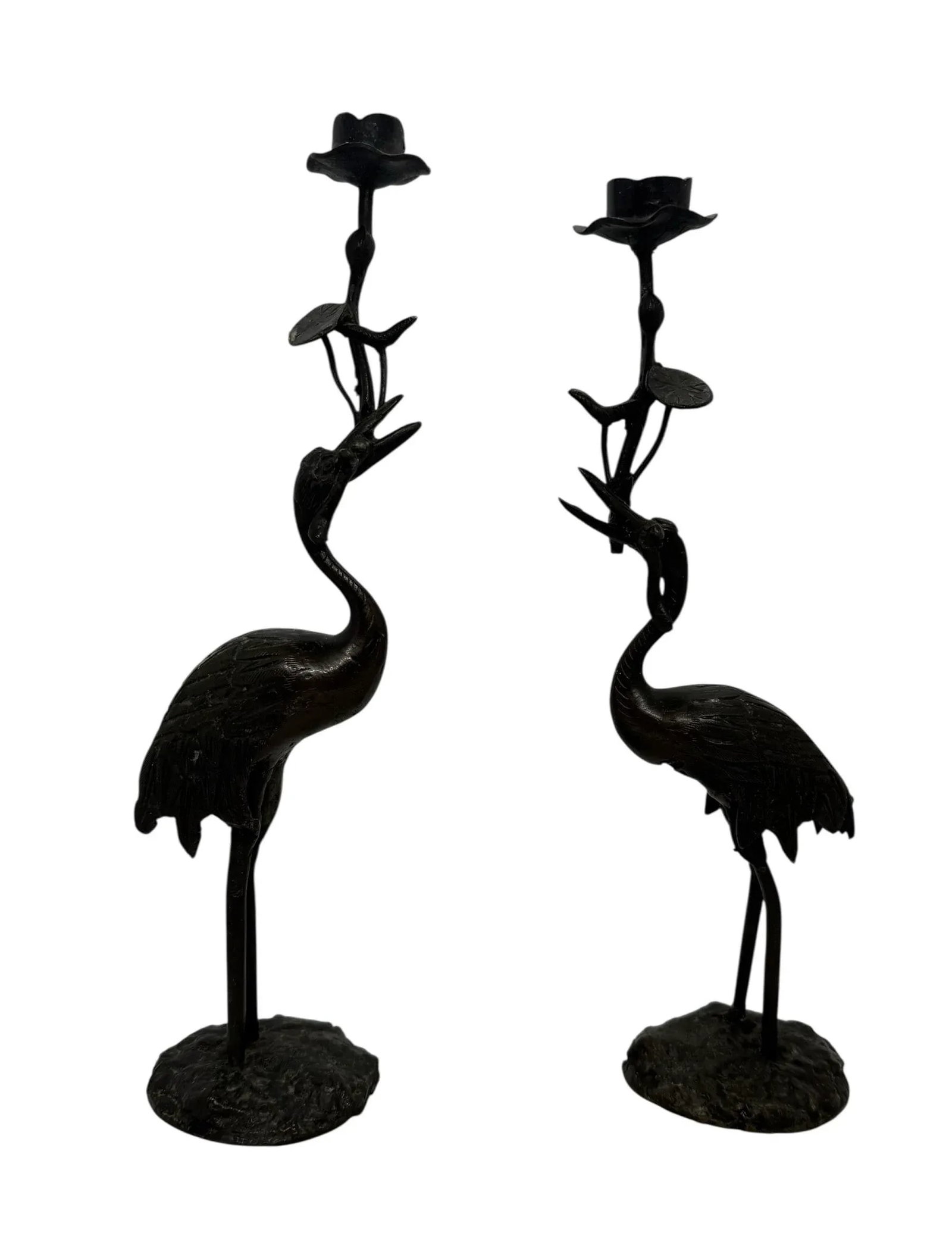 Early 20th Century Japanese Meiji Bronze Candlesticks Antique Metal Crane Birds Lotus Flowers - A Pa - 7