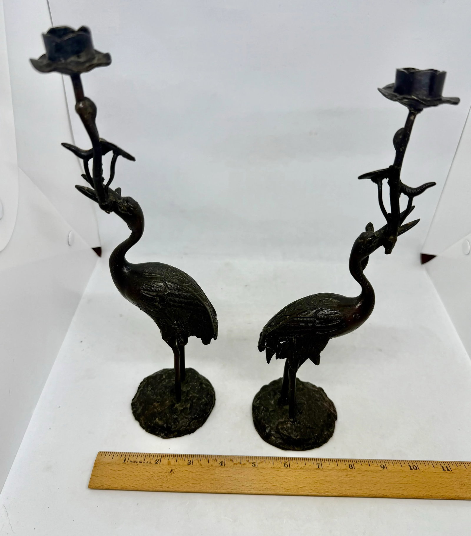 Early 20th Century Japanese Meiji Bronze Candlesticks Antique Metal Crane Birds Lotus Flowers - A Pa - 8
