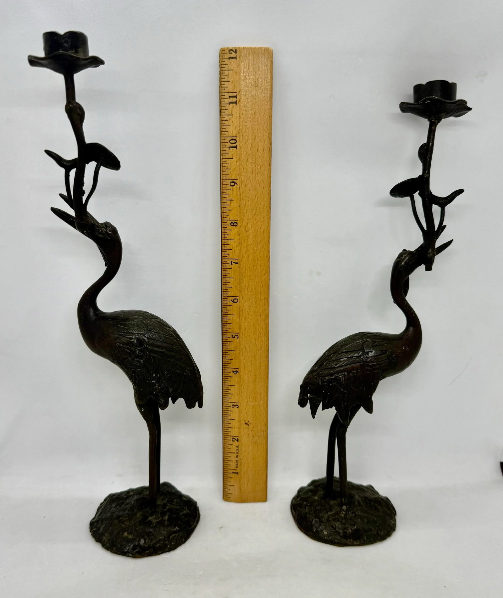 Early 20th Century Japanese Meiji Bronze Candlesticks Antique Metal Crane Birds Lotus Flowers - A Pa - 9