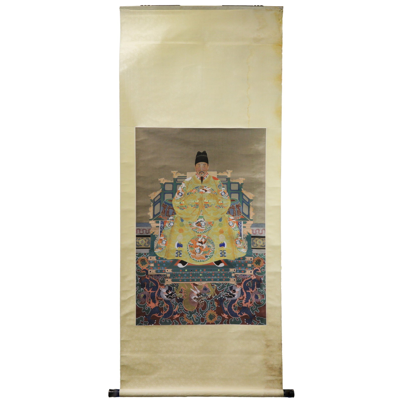 Vintage Chinese Imperial Ancestor Portrait Scroll Painting of Emperor on Yellow Silk - 14