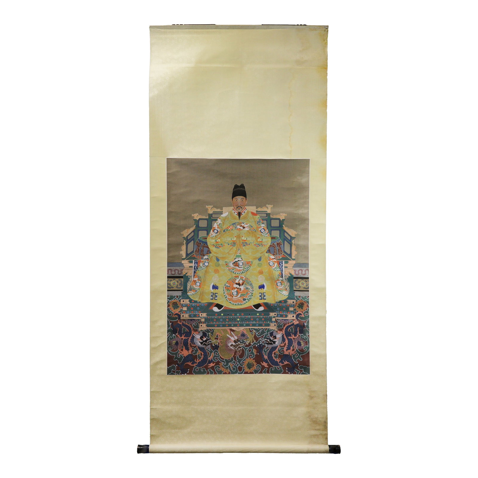 Vintage Chinese Imperial Ancestor Portrait Scroll Painting of Emperor on Yellow Silk: This impressive vintage Chinese scroll painting features an Imperial Ancestor Portrait of a Qing Dynasty Emperor formally seated on a magnificent dragon throne. The Emperor is depicted in a luxurious 