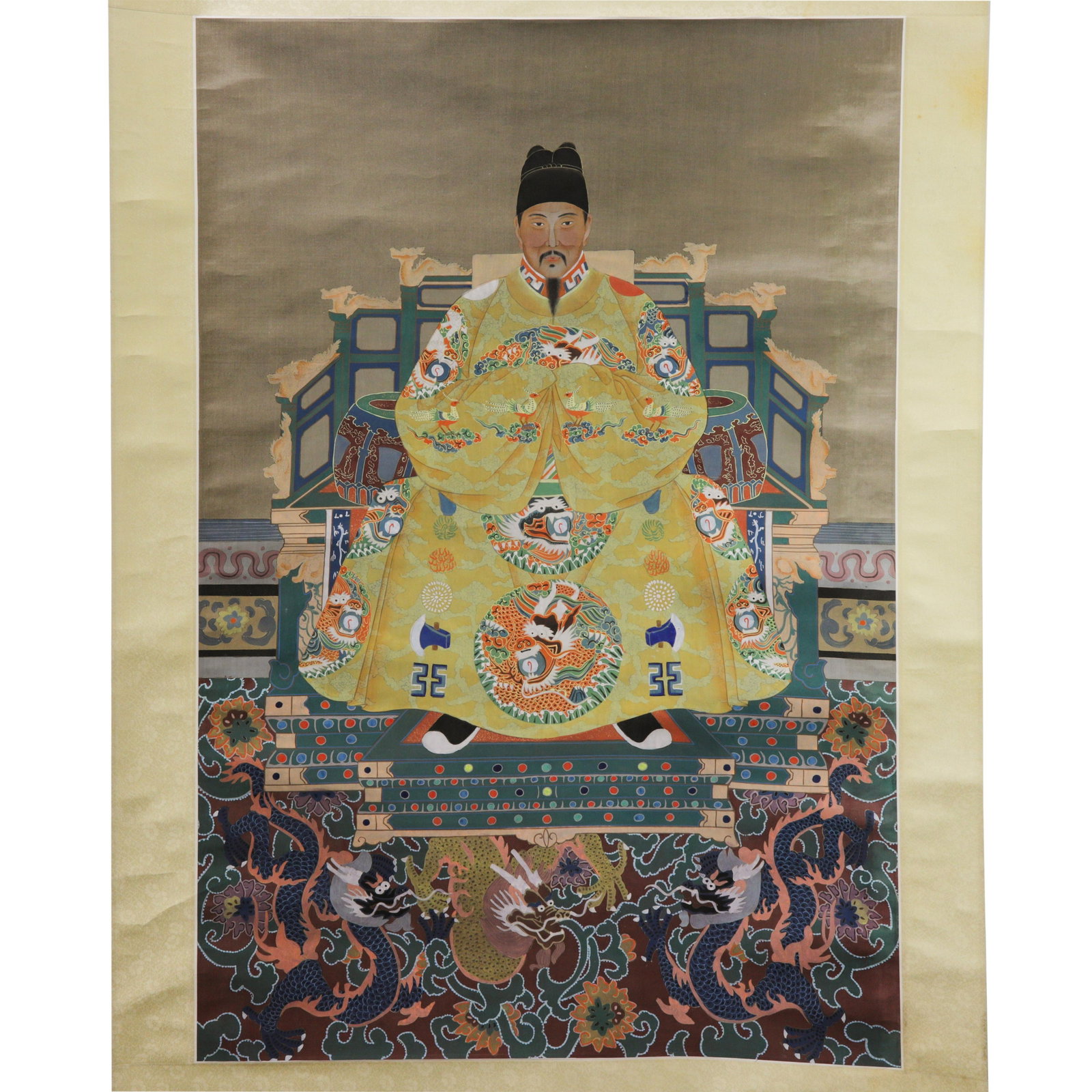 Vintage Chinese Imperial Ancestor Portrait Scroll Painting of Emperor on Yellow Silk - 2