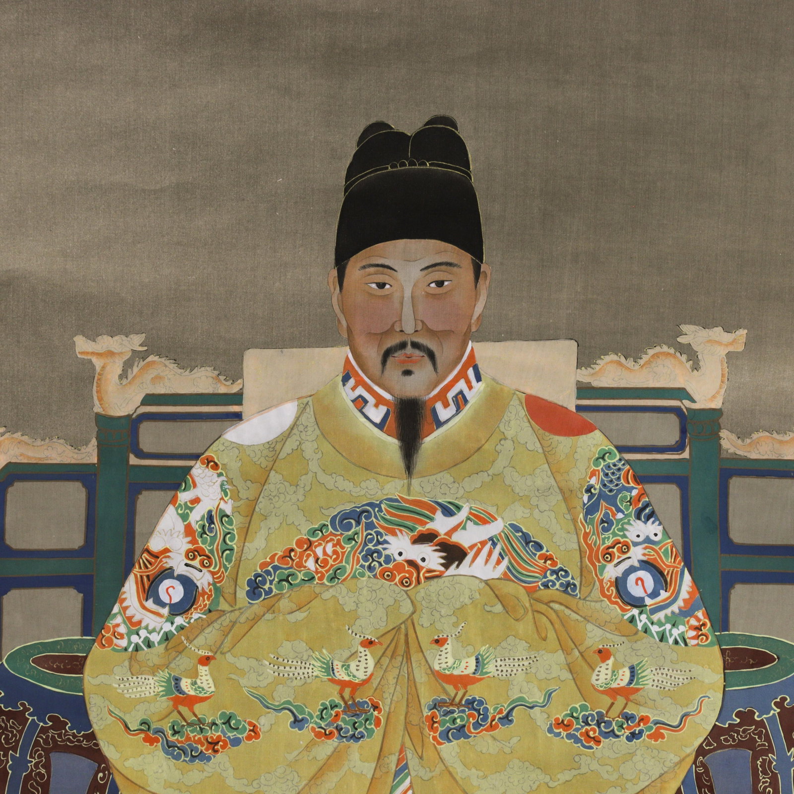 Vintage Chinese Imperial Ancestor Portrait Scroll Painting of Emperor on Yellow Silk - 5