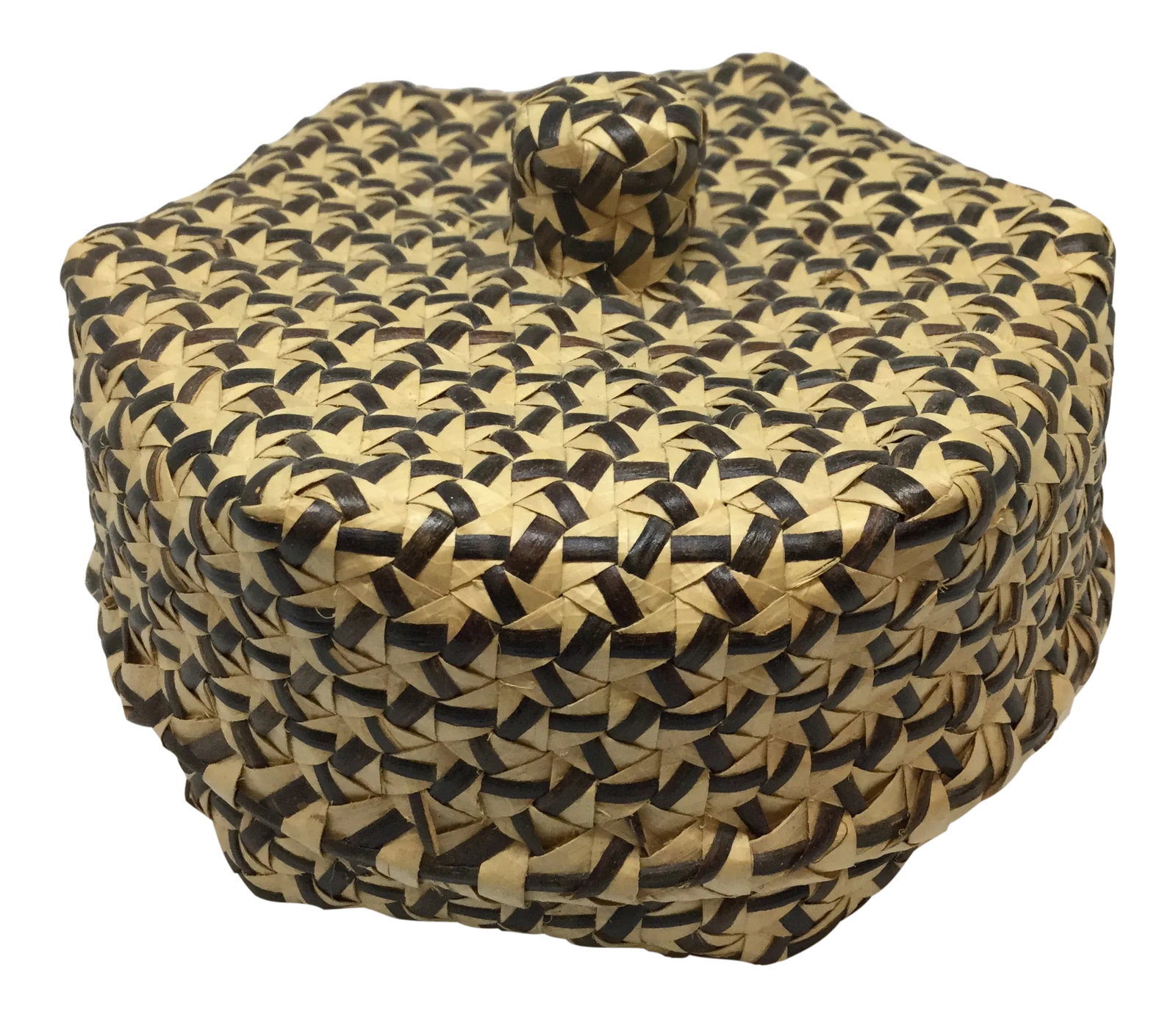Vintage Covered Lidded Basket Box Circa 1890s: Museum quality basket weaving. This little covered box has been lovingly stored away for over a century. The intricate weaving is in impeccable condition. 6 feet have been worked into the design and