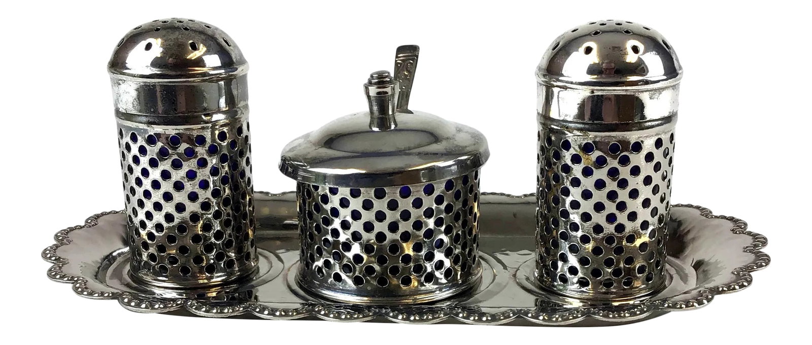 Vintage Formal Silver Plate Salt & Pepper Set, England - 5 Pieces: Lovely set of Serve-Ware fit for royalty. The outside is silver plated and the glass interiors are cobalt blue. Marked "Made in England" on every piece. The middle container could hold sea salt or per