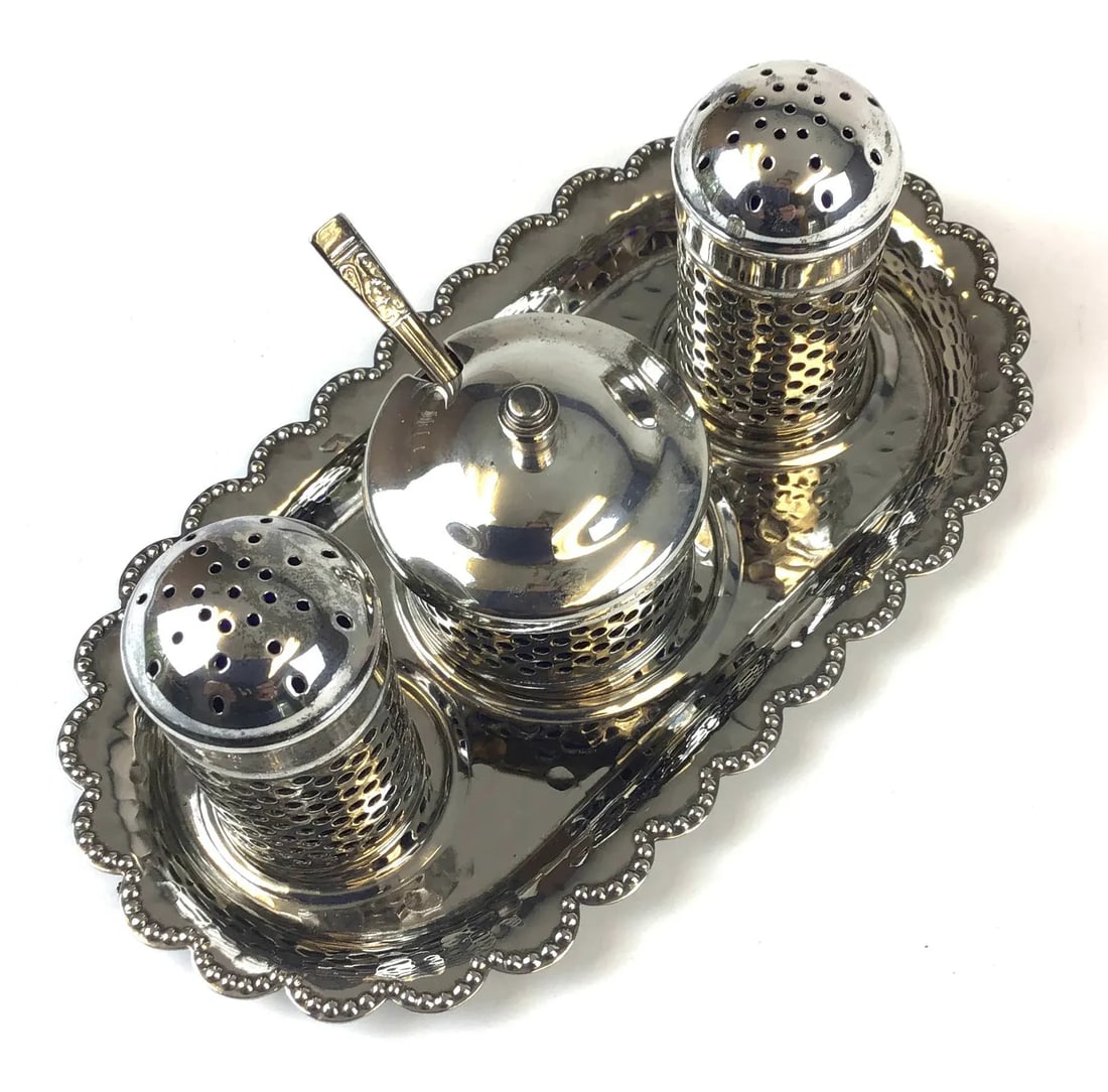 Vintage Formal Silver Plate Salt & Pepper Set, England - 5 Pieces - 6