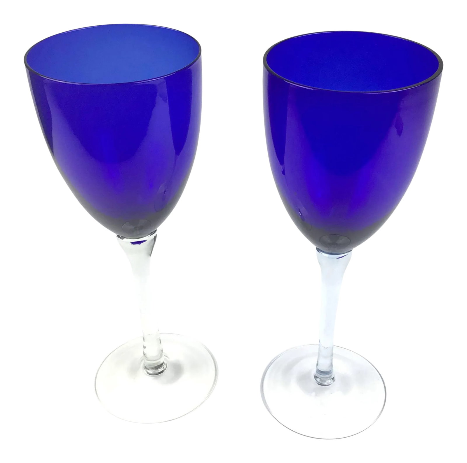 1920s French Cobalt Blue Wine Glasses: Absolutely stunning tall Cobalt Blue Wine Glass pair from a French Chateau. I believe these are from the 1920s or 30s. Both glasses are in perfect condition. The color is so beautiful. Not all cobalt