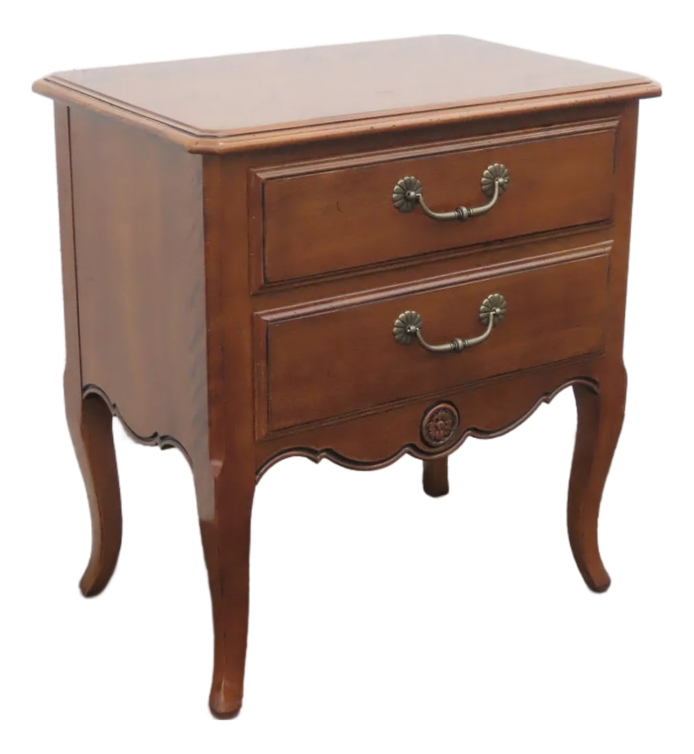 Ethan Allen French Distressed Nightstand End Side Table 6429: This Nightstand / End / Side Table is made out of wood and solid wood. It has a French style and design, with distressed light to medium stain finish. The nightstand has 2 dovetailed drawers made out