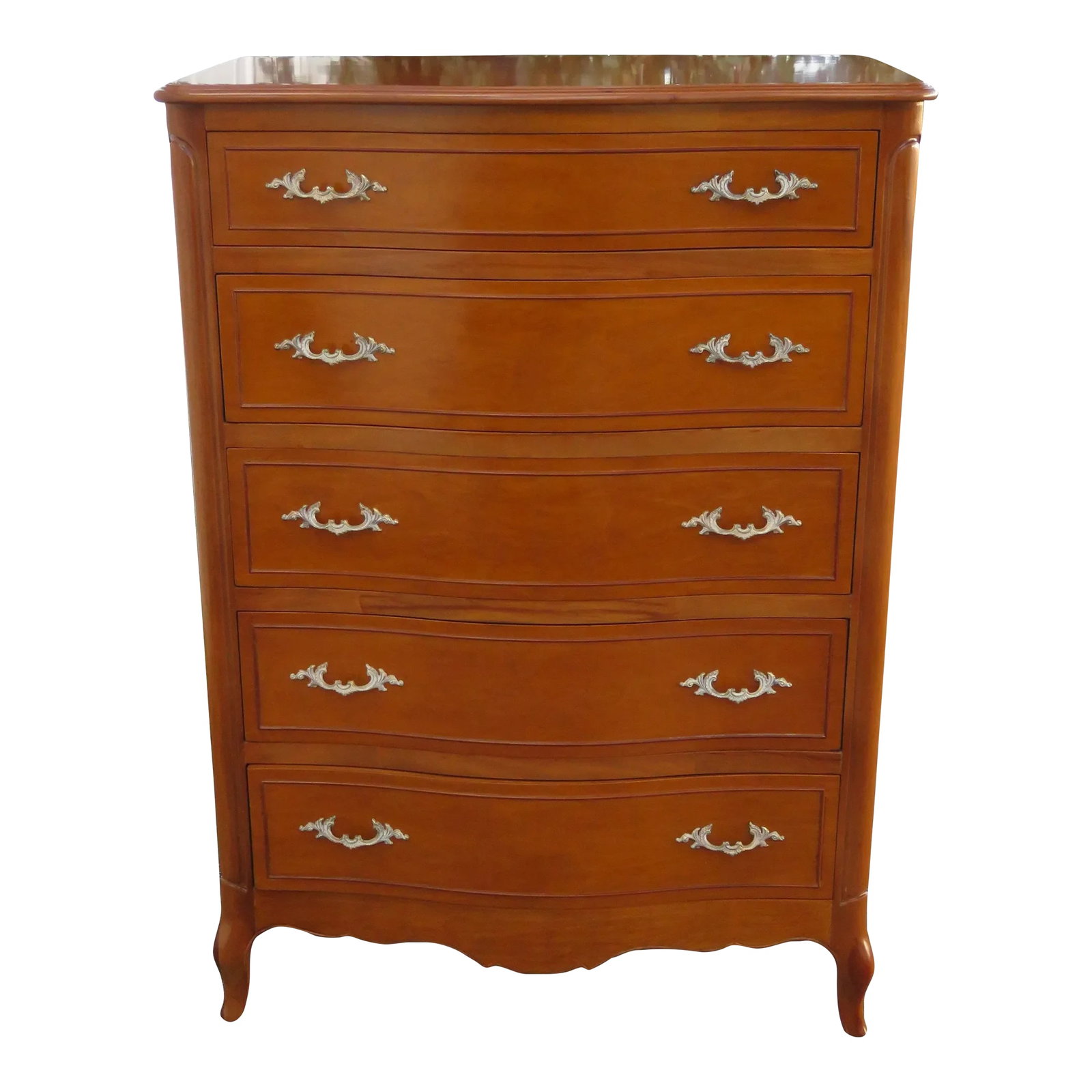 French Cherry Serpentine Front Chest of Drawers by Drexel Furniture: This Classic Chest of Drawers is made out of wood, cherry, veneer, metal, and it is in good condition. The Chest has French style and design, tall silhouette, serpentine front, and it has cherry