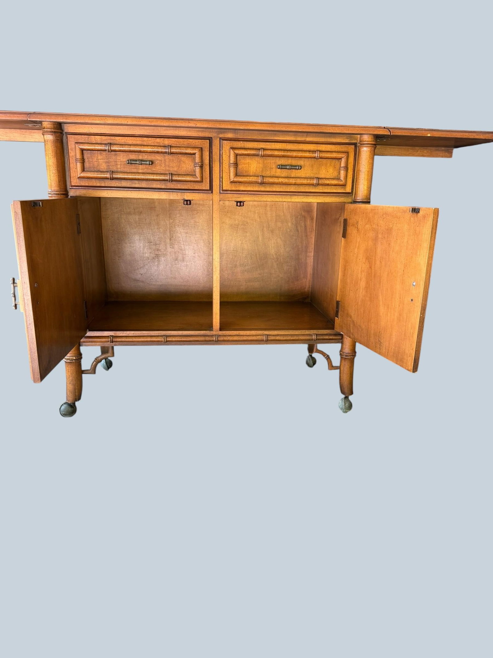 Vintage Mid-Century Dixie "Aloha" Faux Bamboo Drop-Leaf Buffet Server & Bar Cart - 2