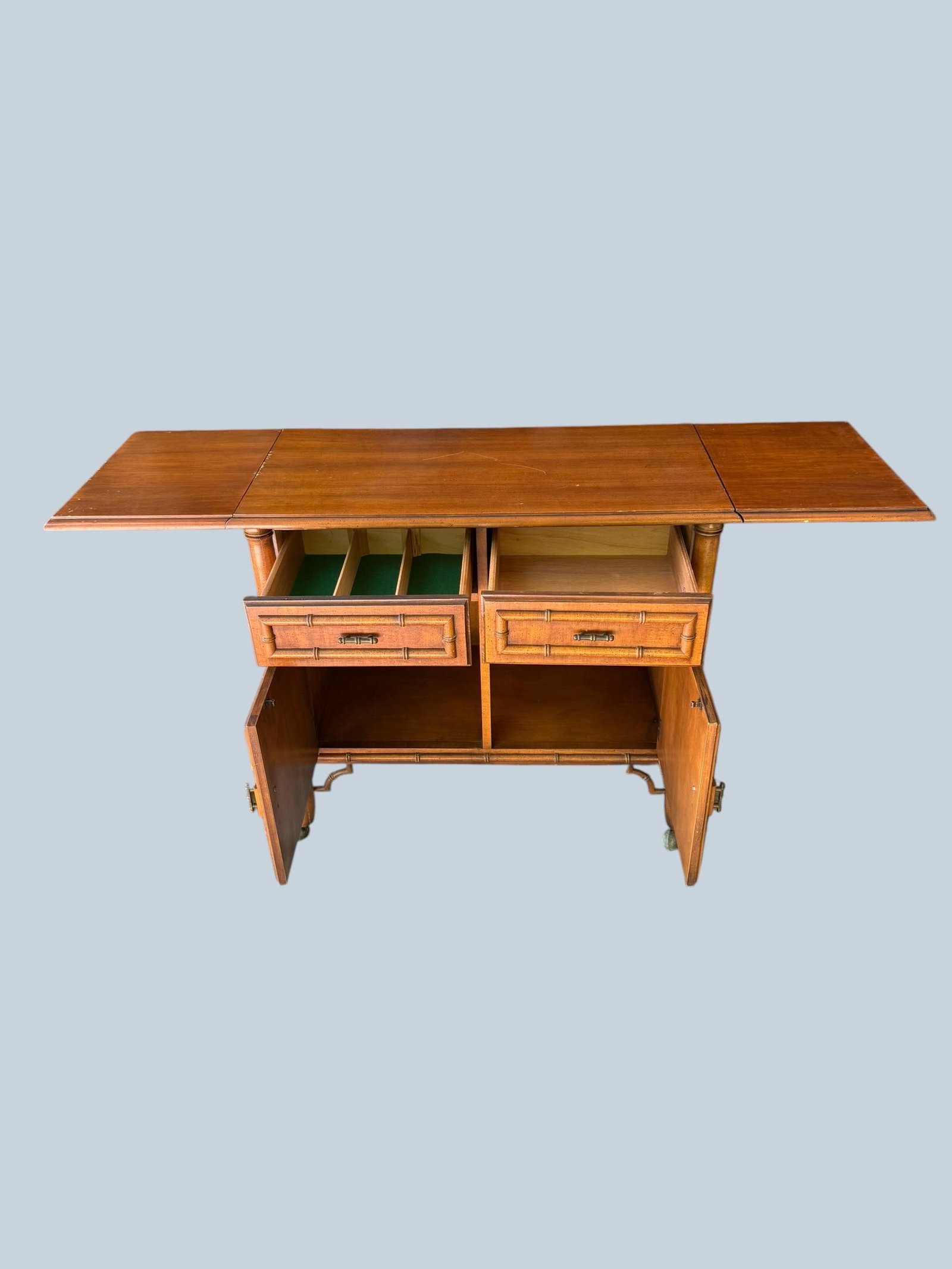 Vintage Mid-Century Dixie "Aloha" Faux Bamboo Drop-Leaf Buffet Server & Bar Cart - 3