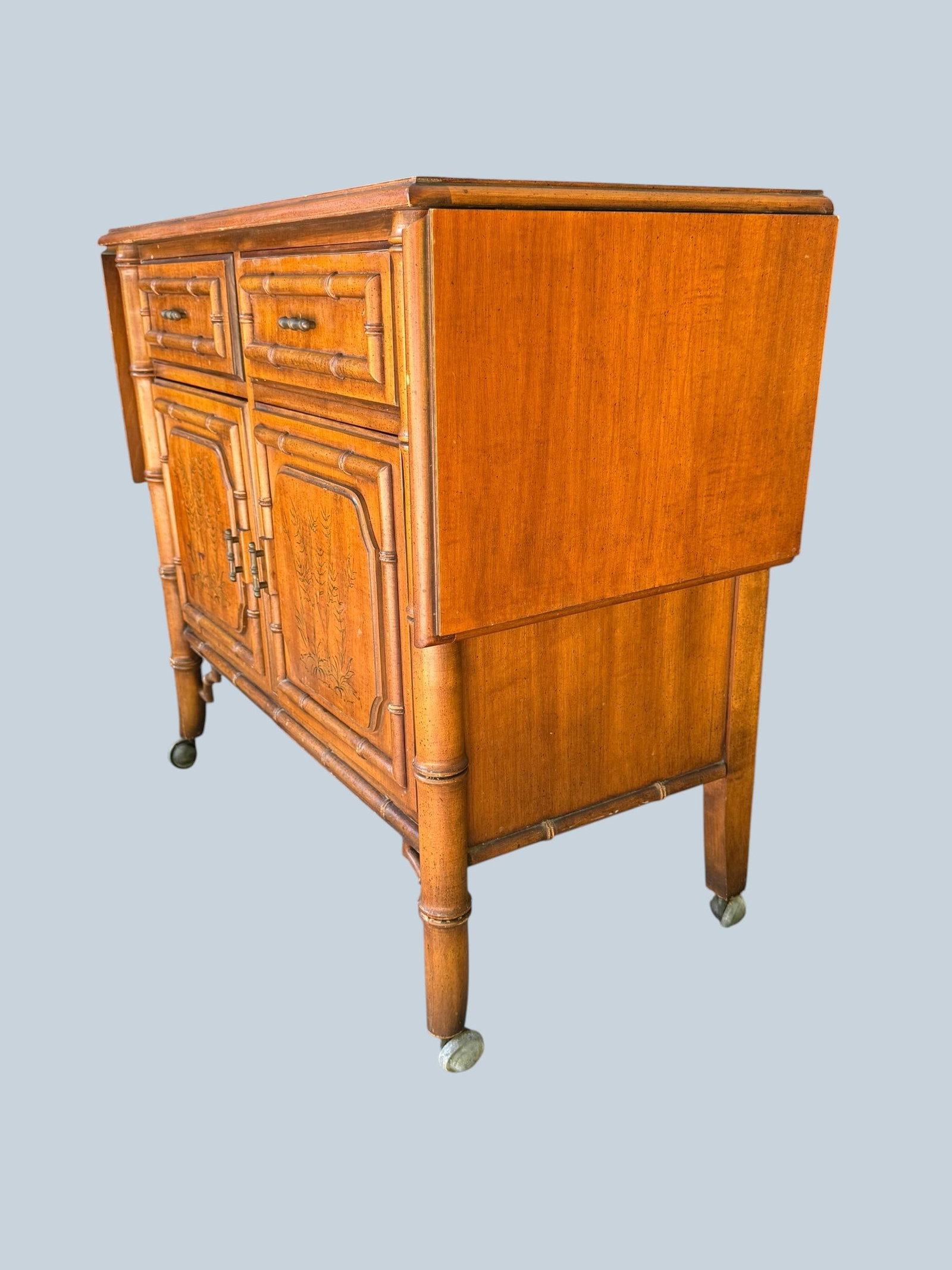 Vintage Mid-Century Dixie "Aloha" Faux Bamboo Drop-Leaf Buffet Server & Bar Cart - 4