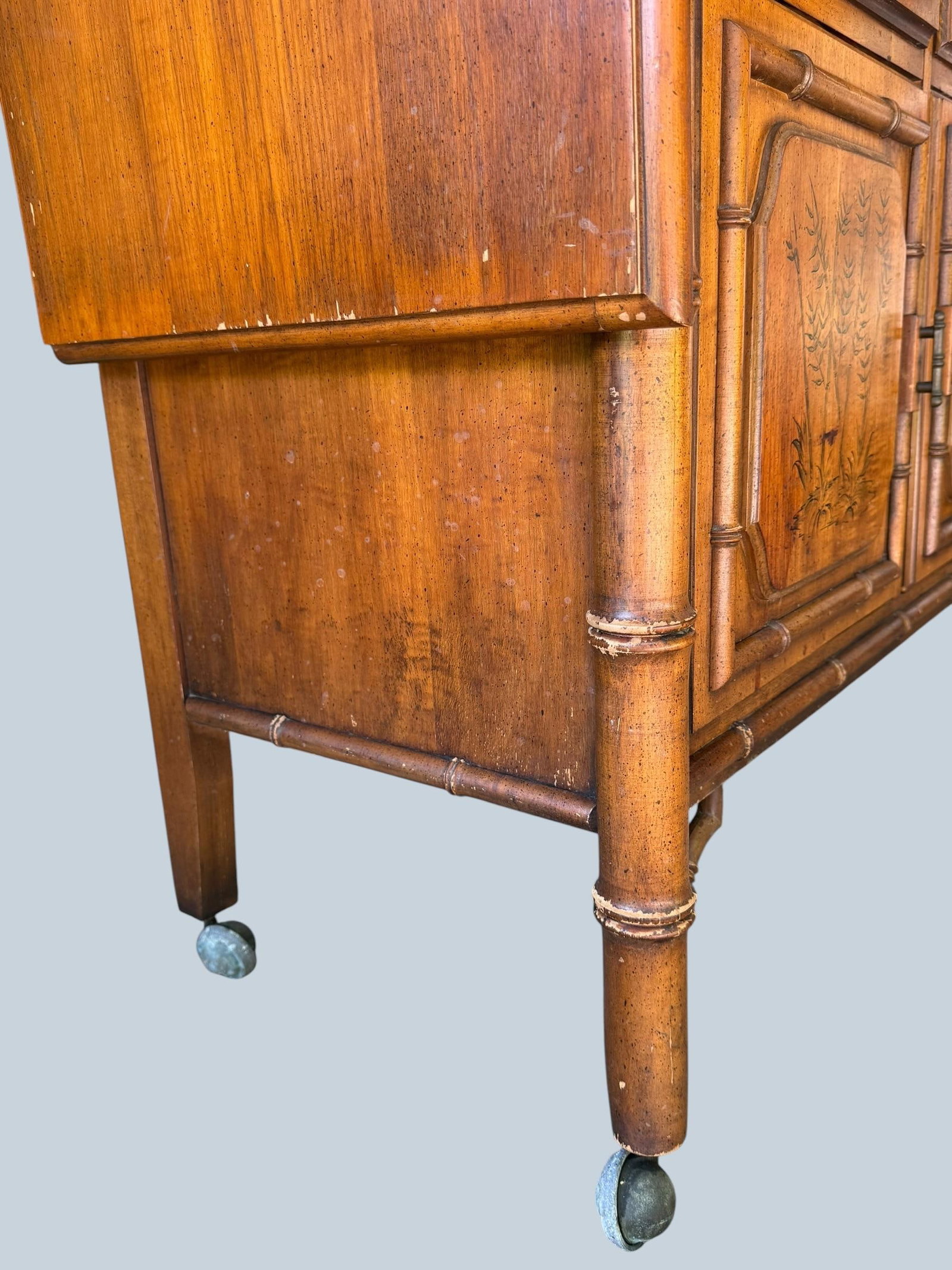 Vintage Mid-Century Dixie "Aloha" Faux Bamboo Drop-Leaf Buffet Server & Bar Cart - 8