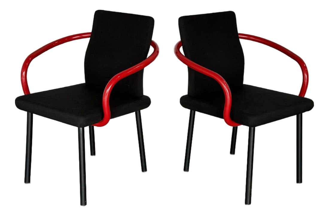 1990s Set of 2 Ettore Sottsass Mandarin Chairs by Knoll - Black + Red Post Modern: Set of two (2) Knoll International "Mandarin" chairs by Ettore Sottsass. Exemplifying Sottsass's bold postmodern sensibility, these sculptural chairs feature vivid red enameled arms contrasted