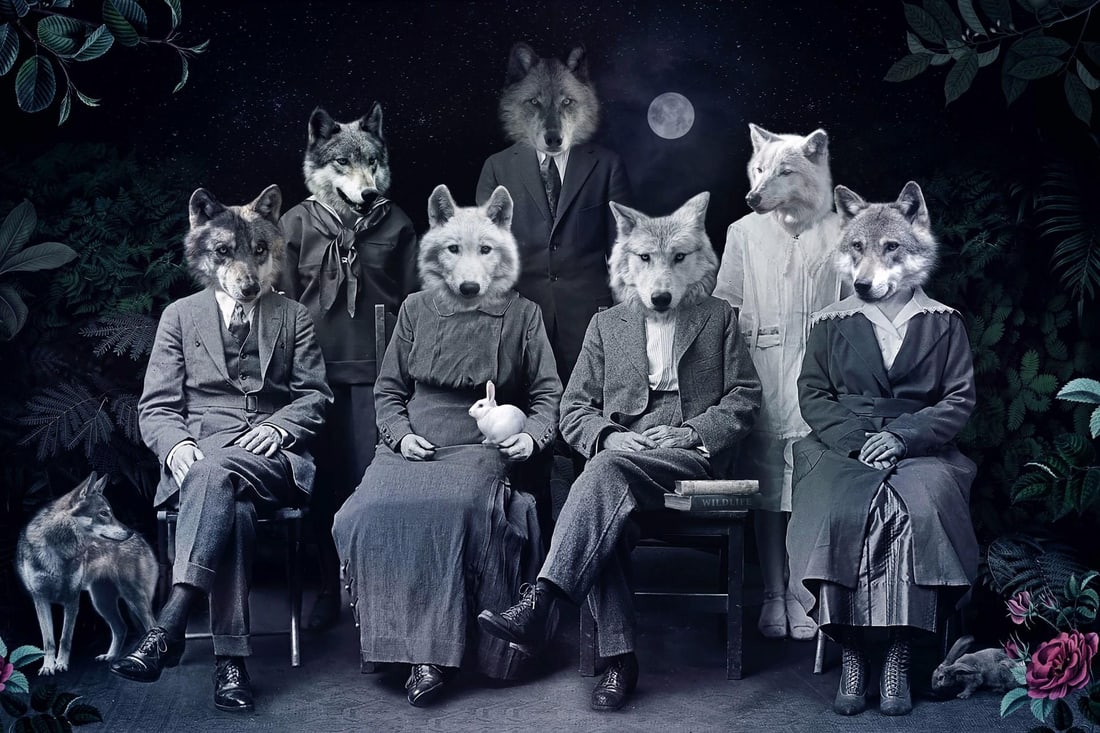 Never Forget the Forest - Wolves by Marcin and Kate Owczarek | Digital Art of people with wolf heads: This artwork presents a surreal tableau where human figures are seamlessly merged with wolf faces, creating an intriguing dialogue between nature and humanity. The dark, atmospheric background,