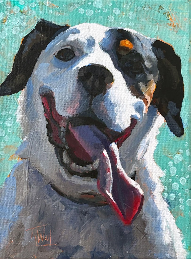Dog Joy 11 by Tracy Wall | Mixed Media On Canvas portrait of a happy dog: This mixed media piece captures the exuberant spirit of a dog, its joyful expression radiating warmth and playfulness. The vibrant turquoise background enhances the lively portrayal, while the bold