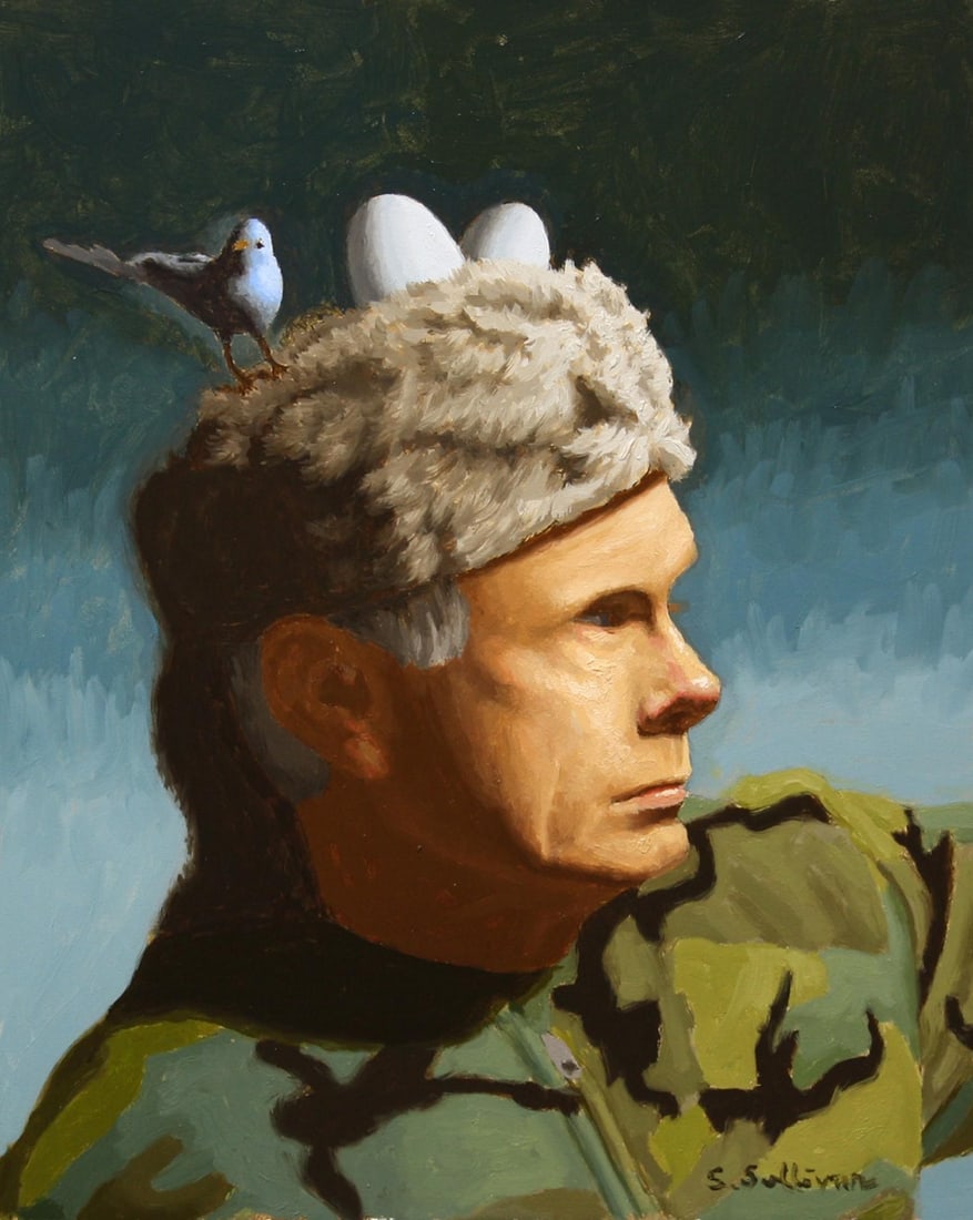 Scout by Shawn Sullivan | Oil on Panel Portrait of a man with a bird on his hat: In "Scout," a figure with a thoughtful expression wears a fur-lined hat, atop which perches a small bluebird alongside two eggs. The composition balances a sense of contemplation and whimsy, with the
