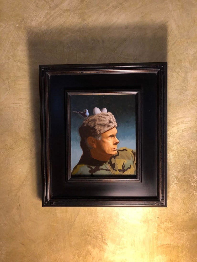 Scout by Shawn Sullivan | Oil on Panel Portrait of a man with a bird on his hat - 3