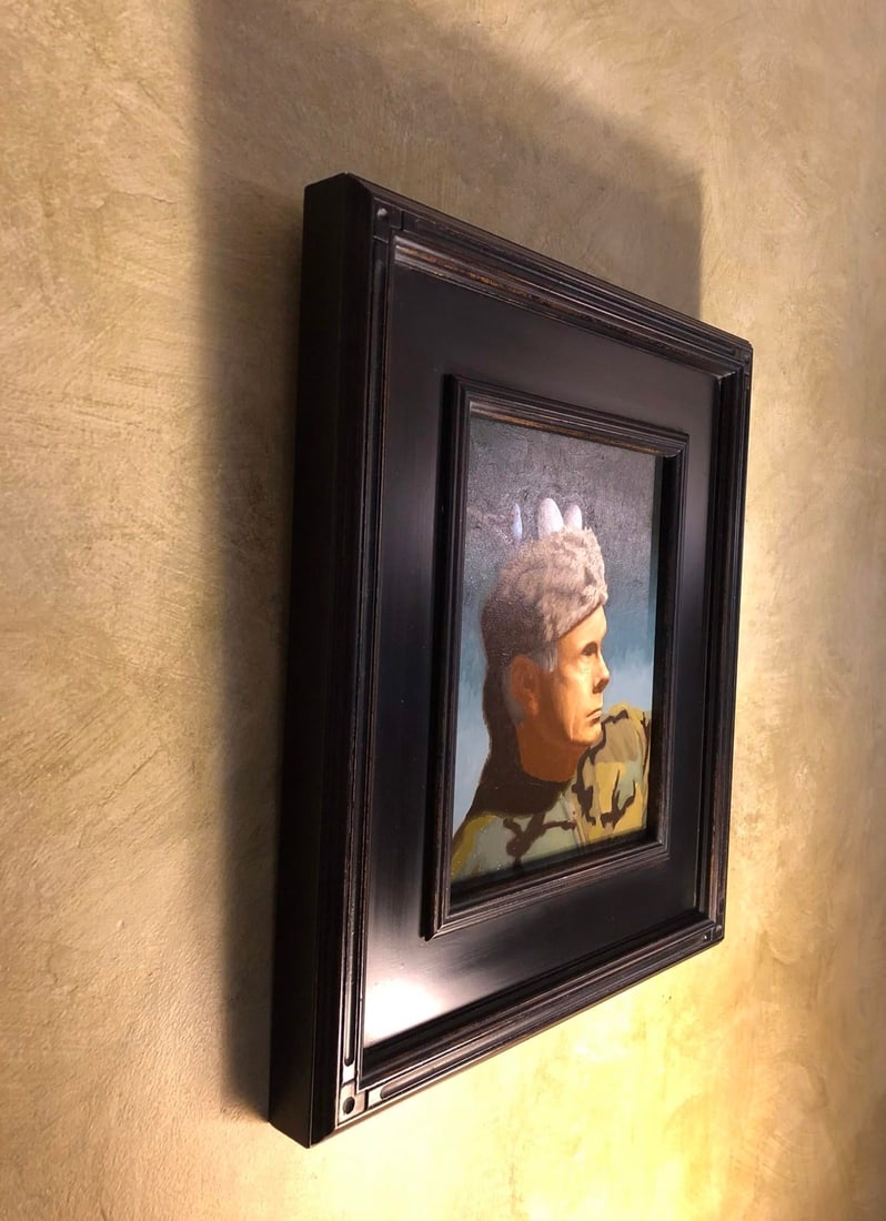 Scout by Shawn Sullivan | Oil on Panel Portrait of a man with a bird on his hat - 4