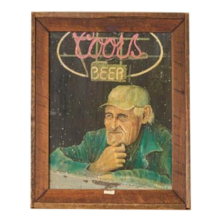 1980s Signed Oil on Canvas of 'Old Albert' With Coors Beer Sign (D. 1983) | in Handmade Oak Frame: Vintage oil painting on canvas featuring the iconic brewery brand Coors, presented in a wood frame. Condition: Alterations: Original Condition Unaltered Imperfections: Some Imperfections Condition Not