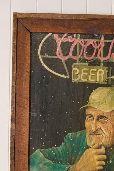 1980s Signed Oil on Canvas of 'Old Albert' With Coors Beer Sign (D. 1983) | in Handmade Oak Frame - 2