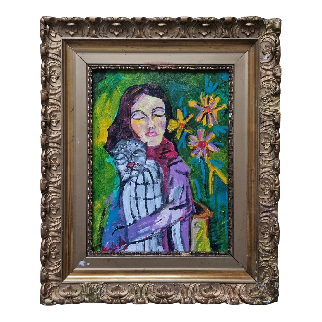 Mid-20th Century Signed - Expressionist Figure With Cat, Oil on Canvas.: Oil on canvas depicting an expressive figure embracing a cat, rendered with bold brushwork and a vibrant palette. The composition features stylized facial forms and floral elements set against a
