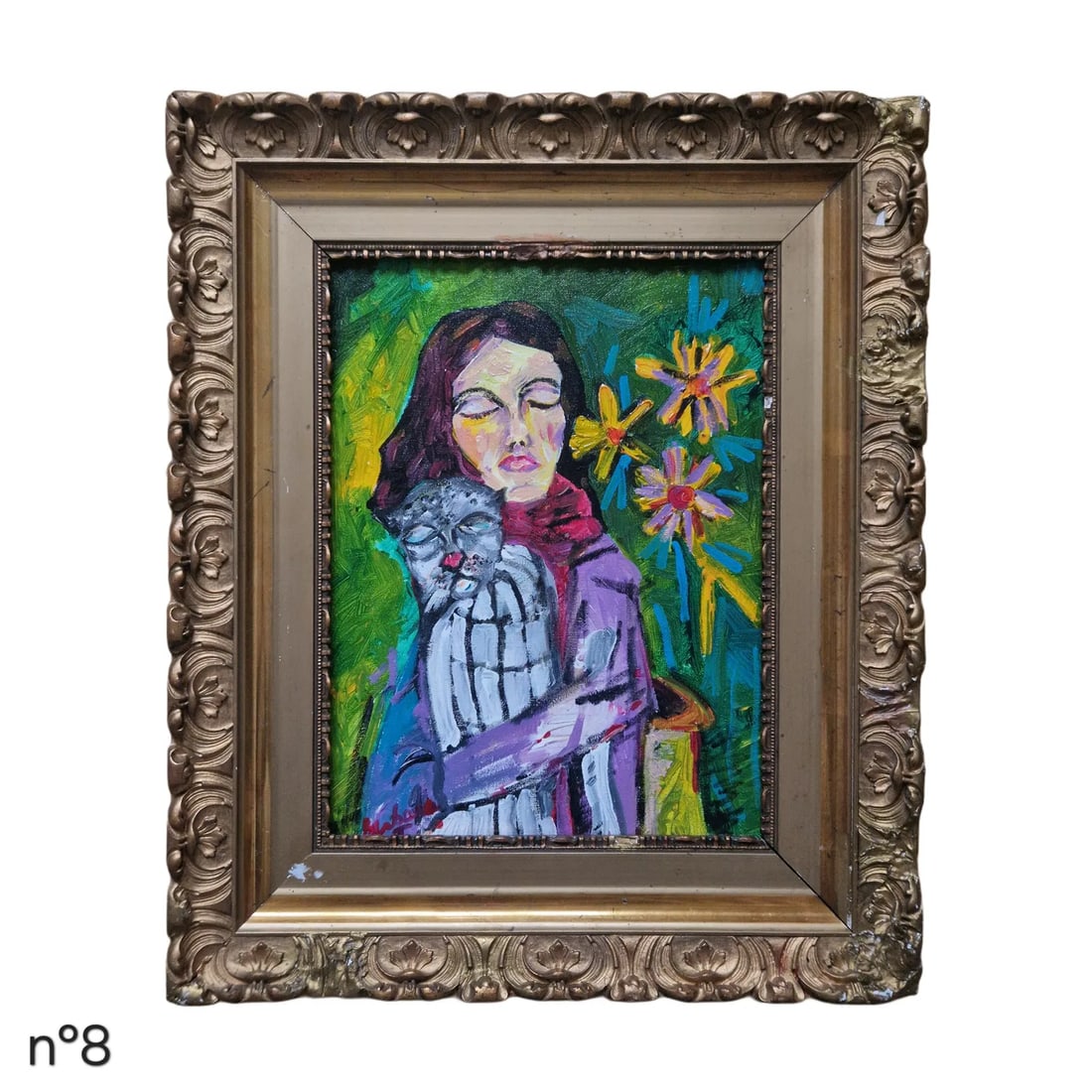 Mid-20th Century Signed - Expressionist Figure With Cat, Oil on Canvas. - 2